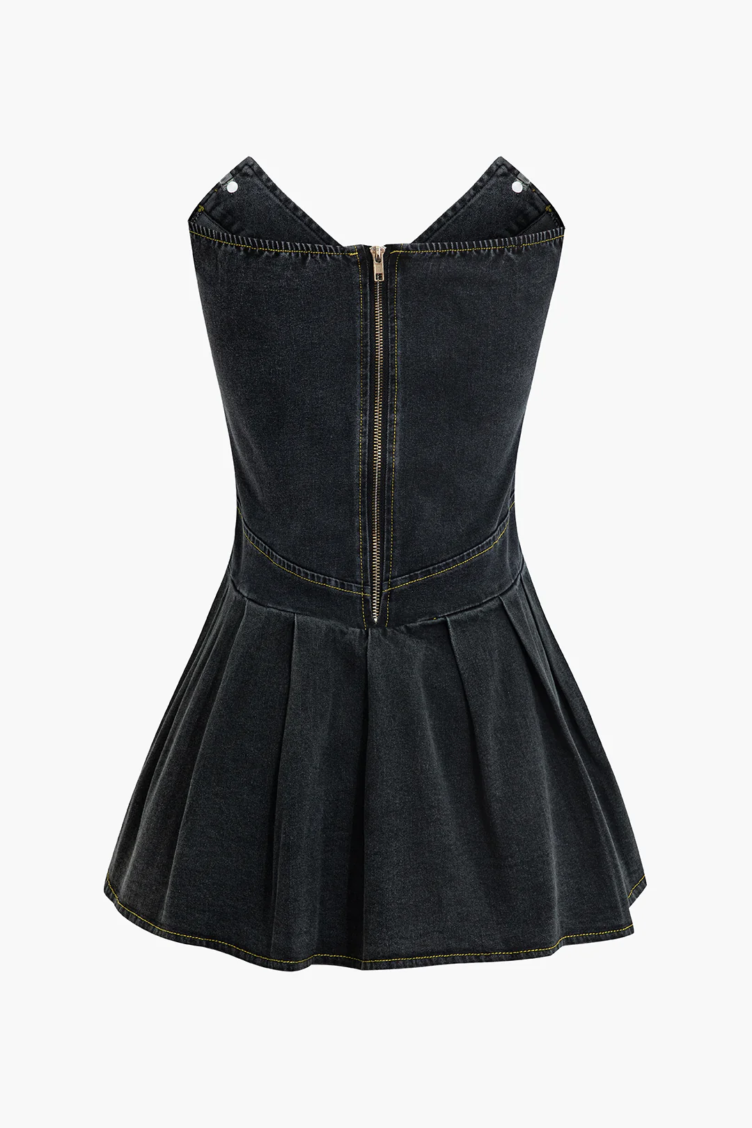 Denim V-Neck Ruched Zipper Strapless Dress - Weenar