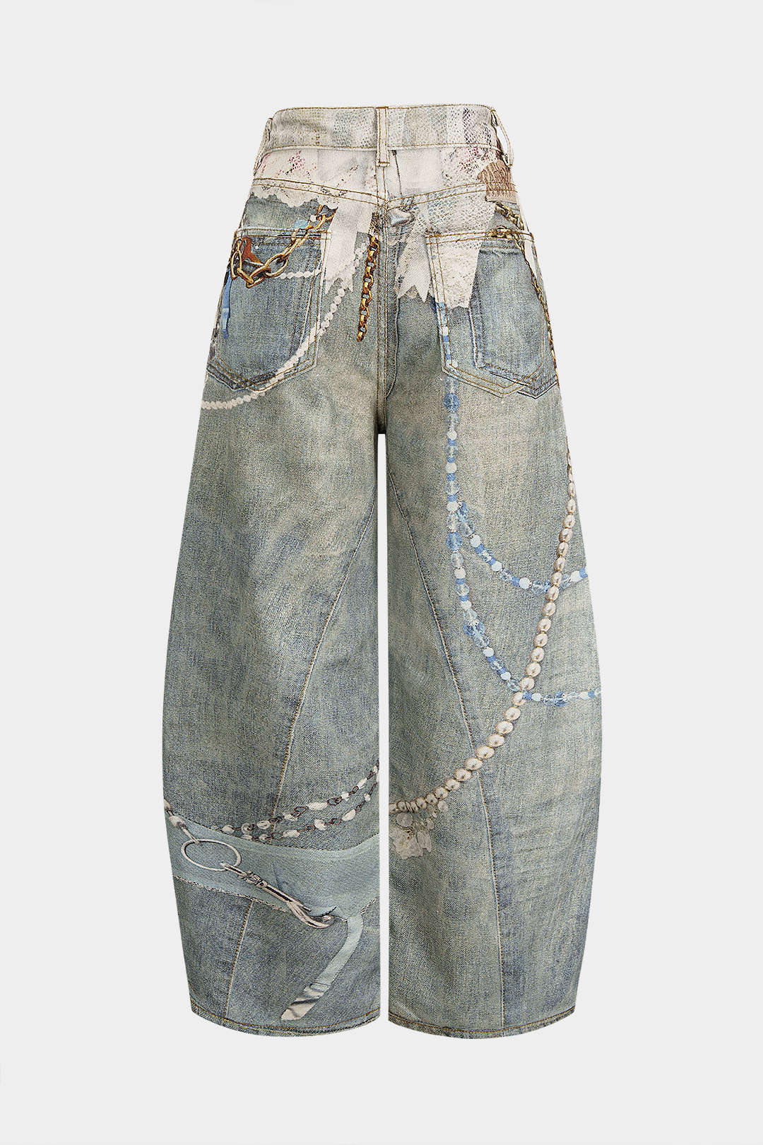 Denim Abstract Print Wide Leg Pants - Weenar