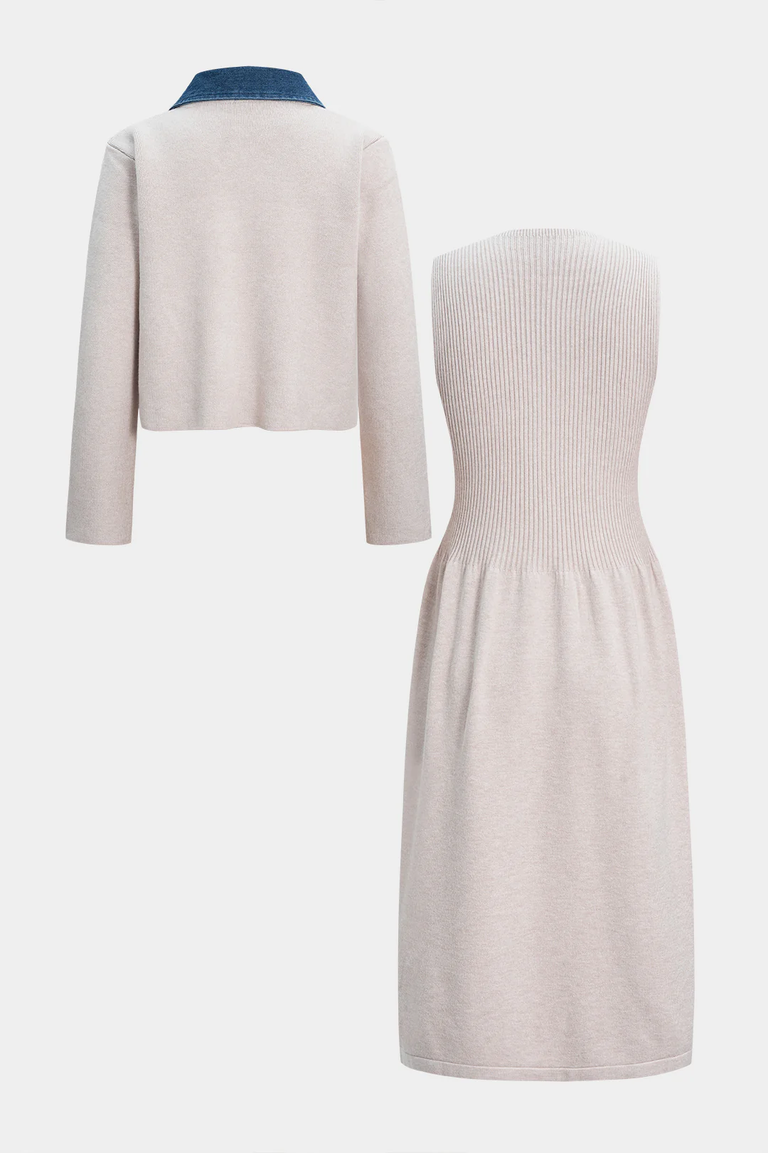 Knit Patchwork Button Cardigan And Ribbed Sleeveless Dress Set - Weenar