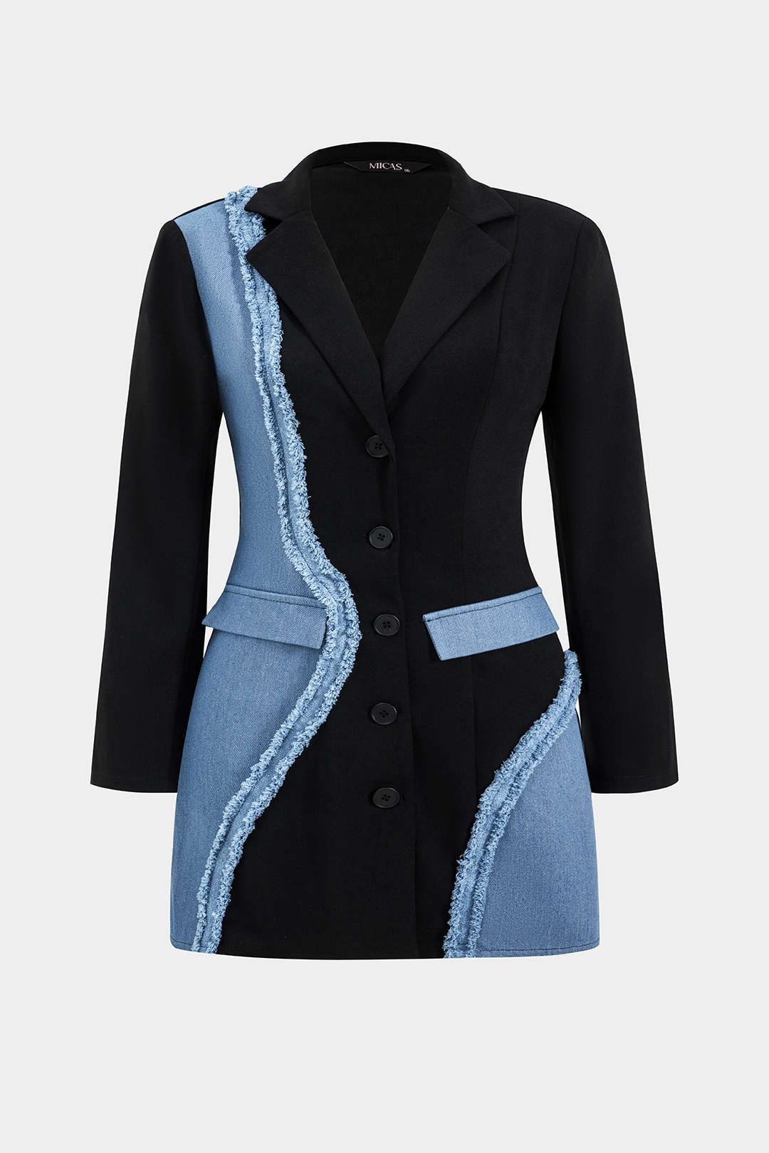 Plus Size Denim Notched Lapel Button Patchwork Blazer Mini Dress - Weenar