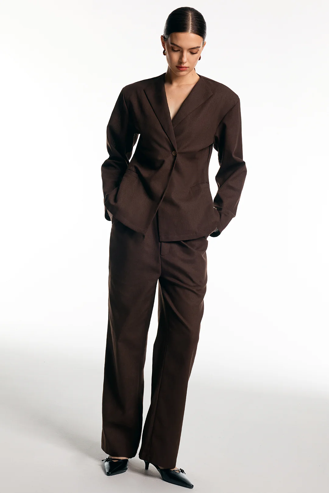 Solid One Button Blazer And Wide Leg Trousers Set - Weenar