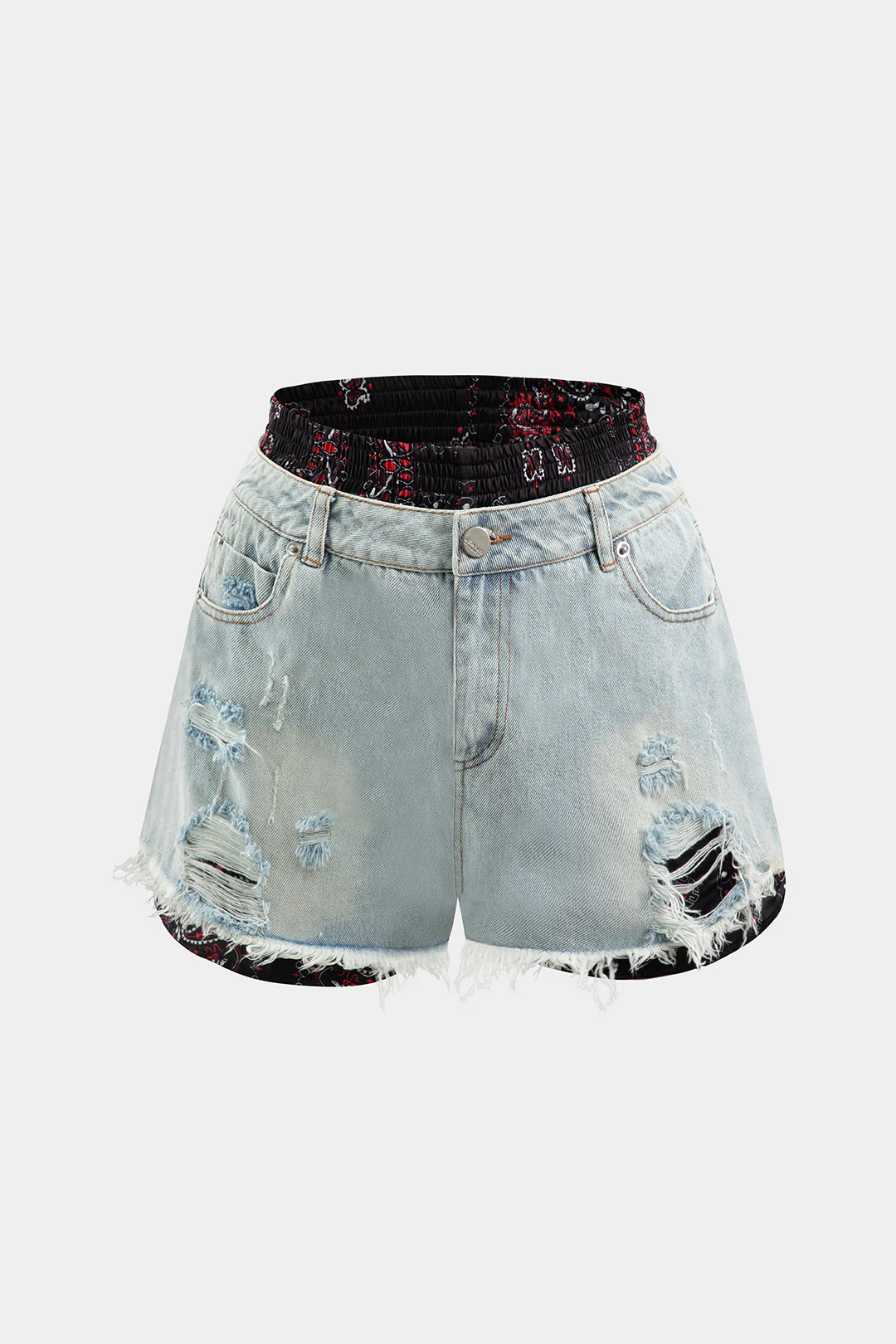 Denim Ripped Double Waistband Patchwork Shorts - Weenar