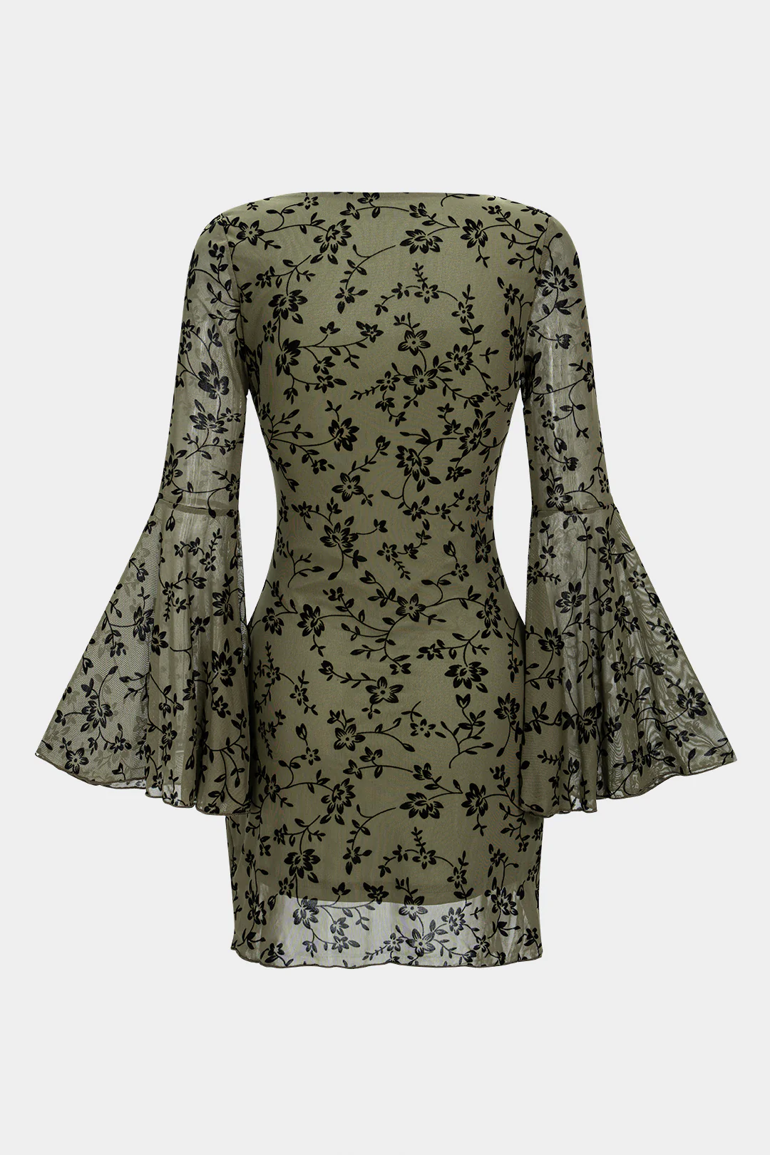 Floral Print Square Neck Tie-Front Bell Long Sleeve Mini Dress - Weenar