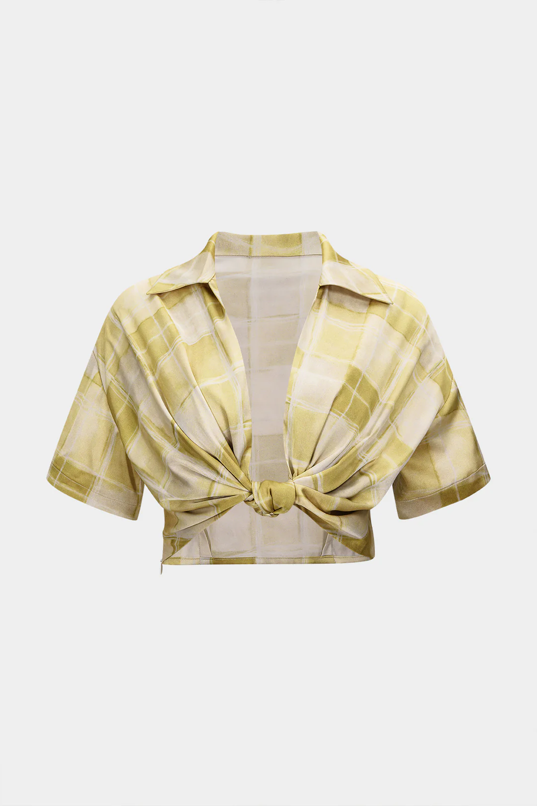 Plaid Print Satin Knotted Short-Sleeve Shirt - Weenar