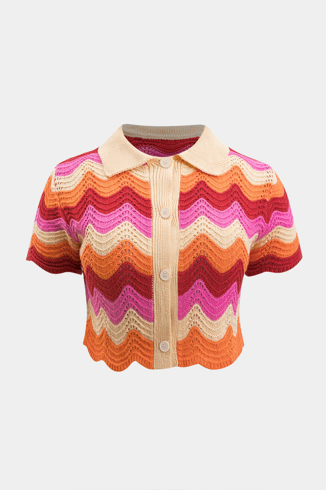Plus Size Contrast Knit Cut Out Button Short-Sleeve Top - Weenar