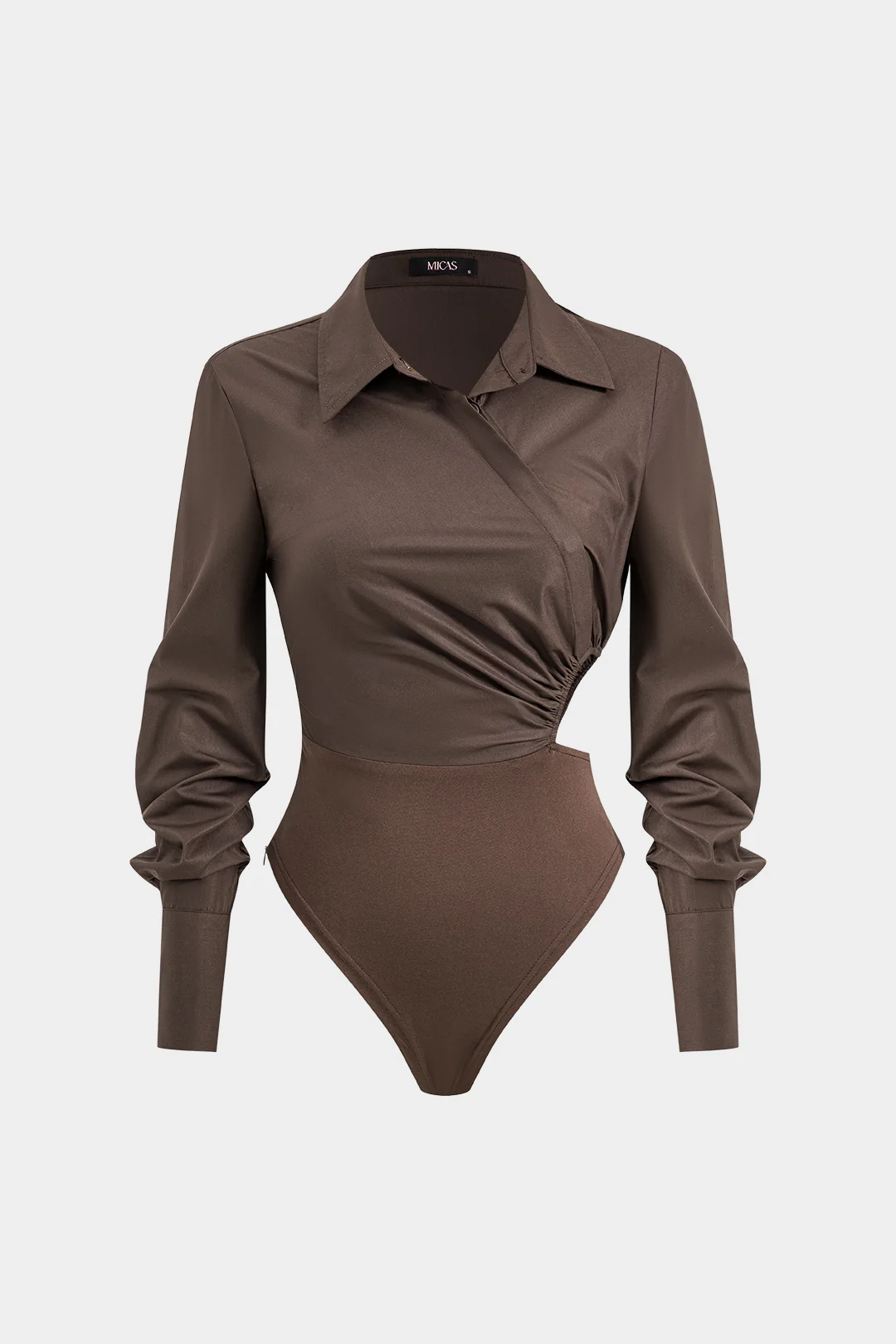 Asymmetry Patchwork Ruched Cut Out Long Sleeve Bodysuit - Weenar