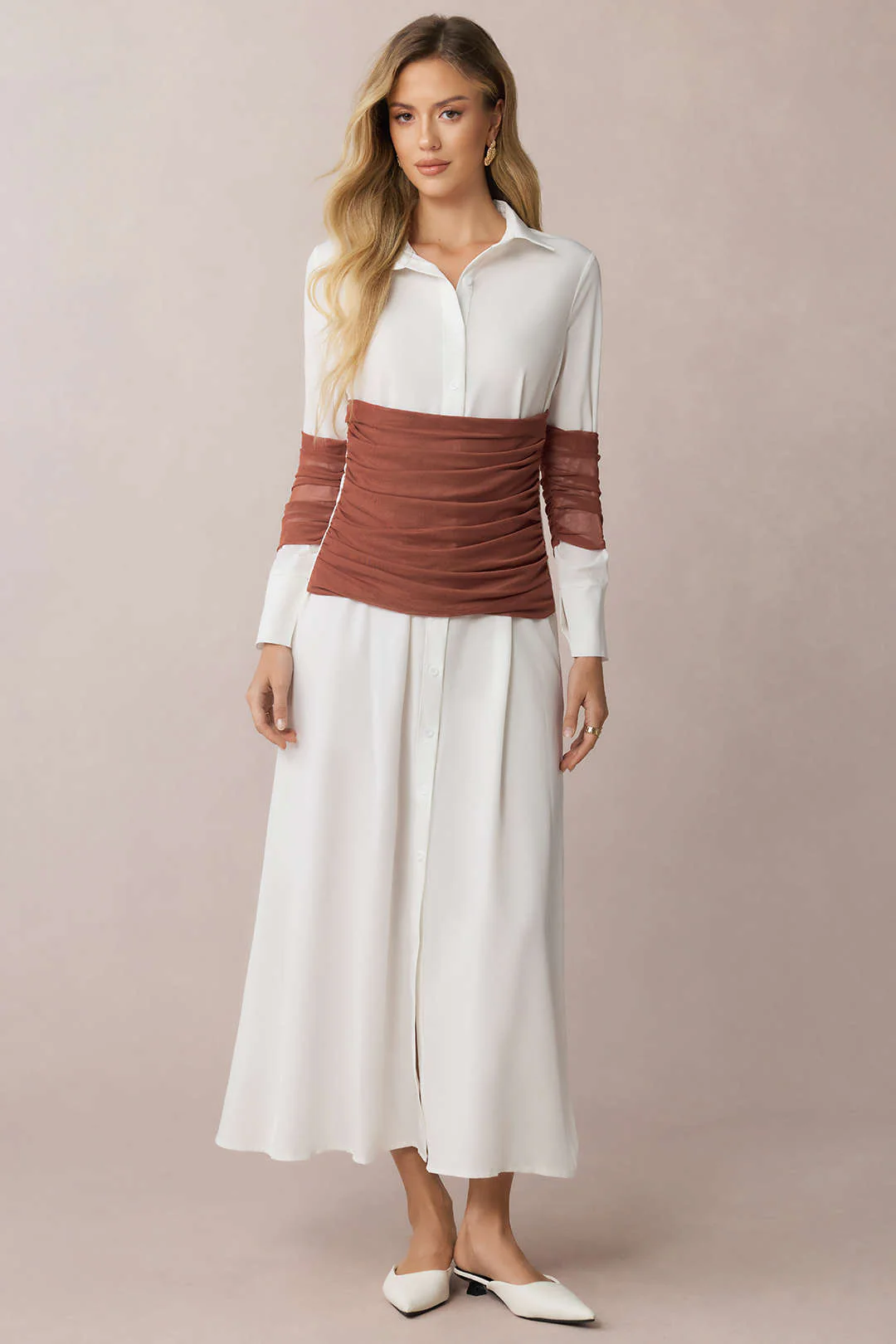 Patchwork Mesh Ruched Lapel Long Sleeve Midi Dress - Weenar