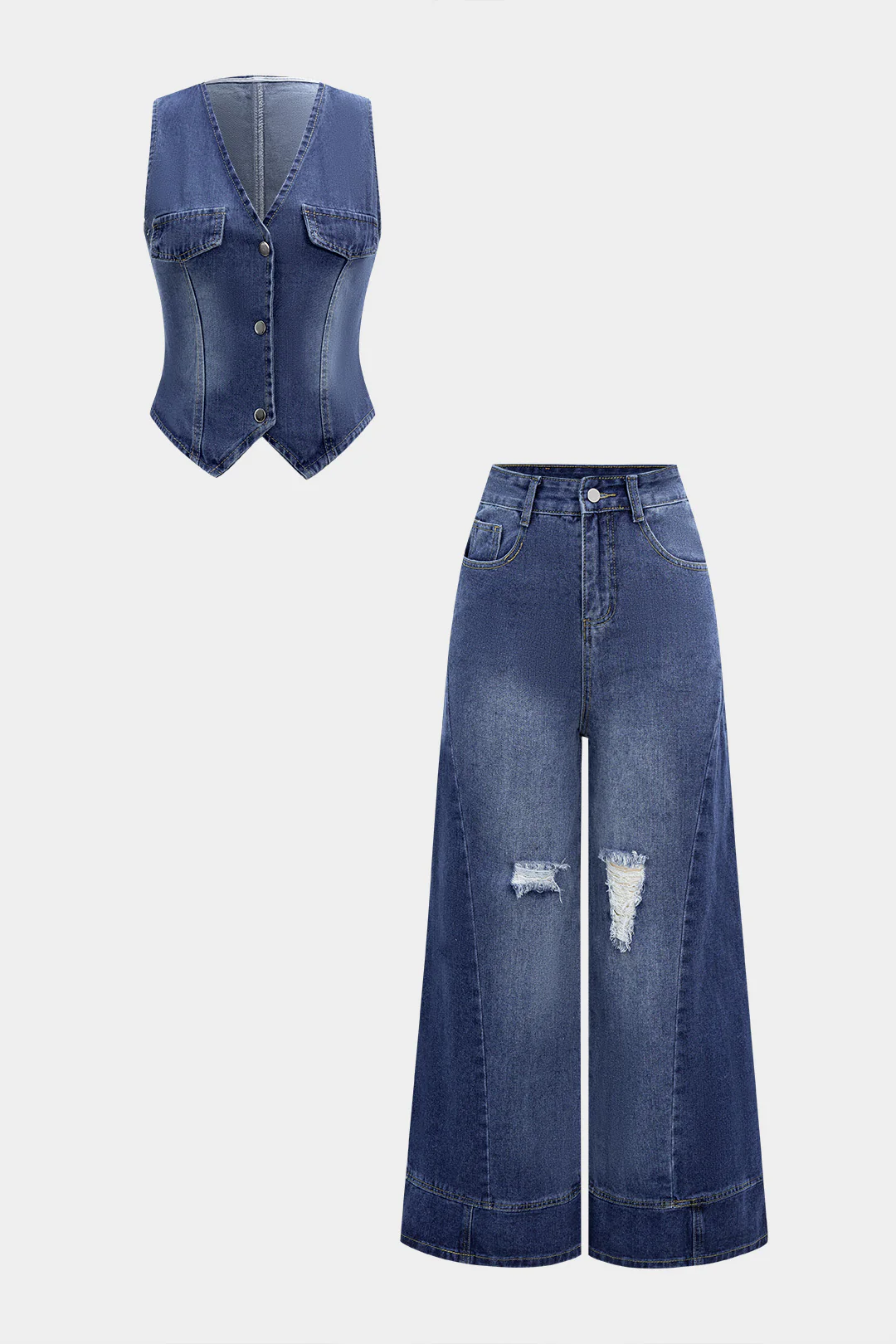 Denim Washed Button Tank Top And Ripped High Waist Wide Leg Jeans Set - Weenar