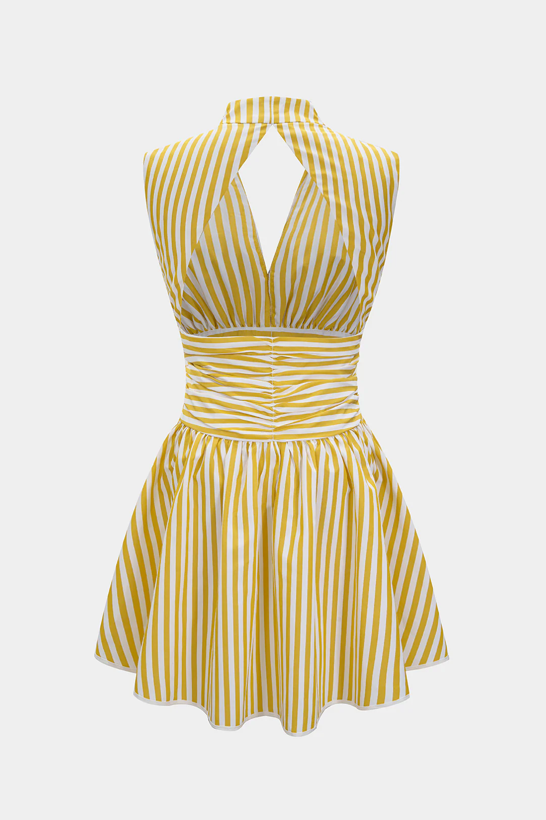 Stripes Print Halter Neck Shirred Backless Sleeveless Mini Dress - Weenar