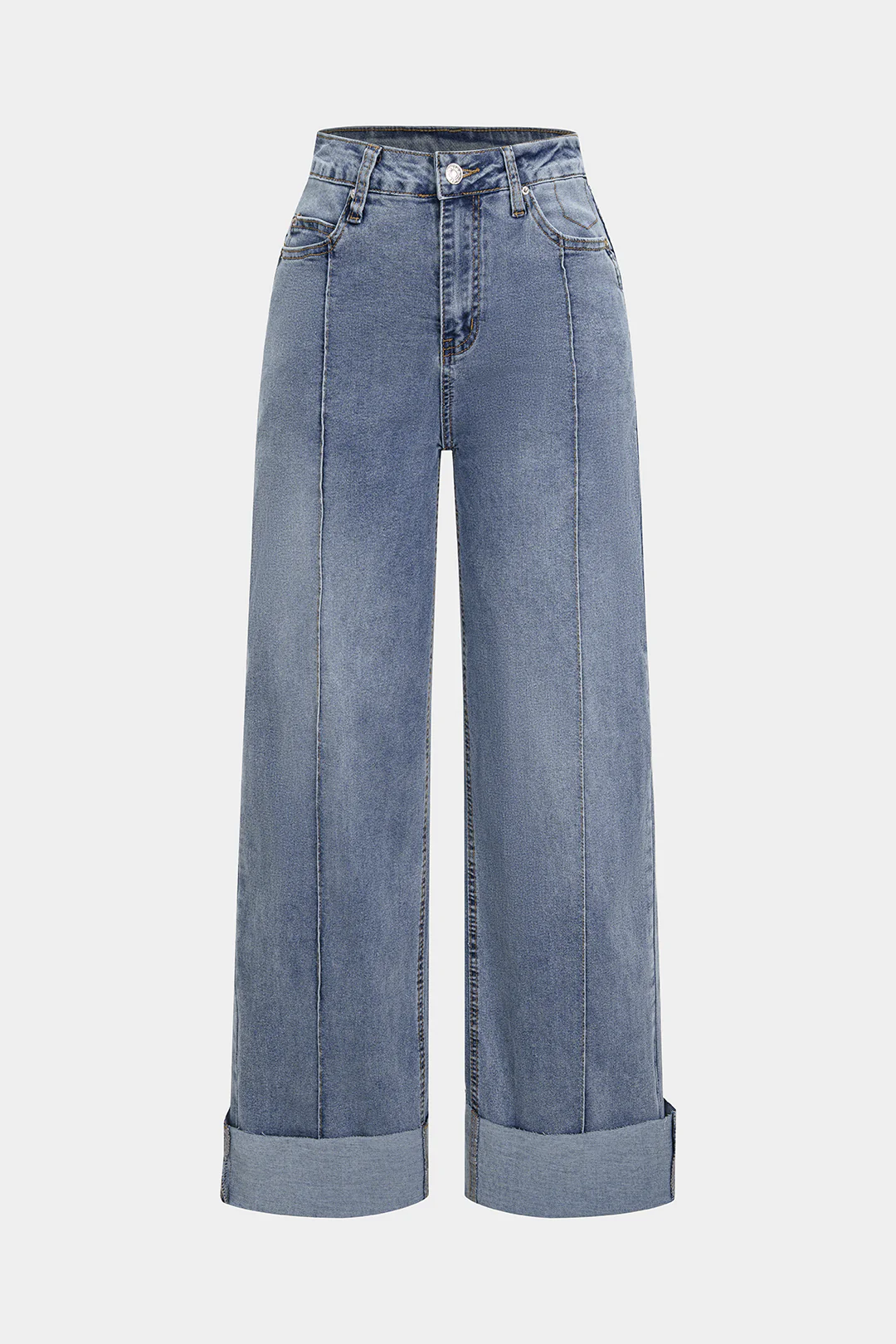 Denim High Waist Cuffed Straight Leg Jeans - Weenar