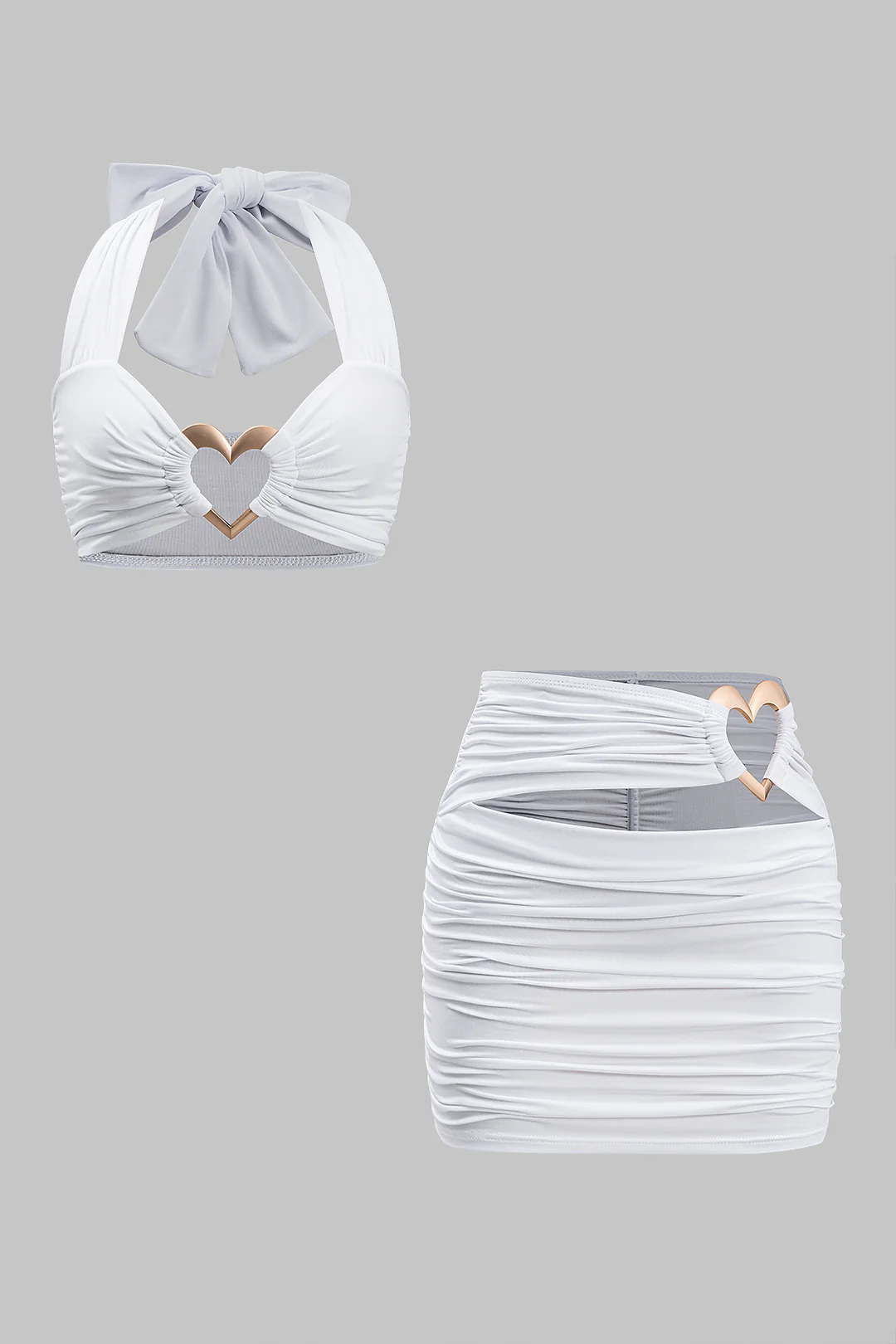 Metallic Decor Ruched Halter Neck Tank Top And Cut Out Skirt Set - Weenar