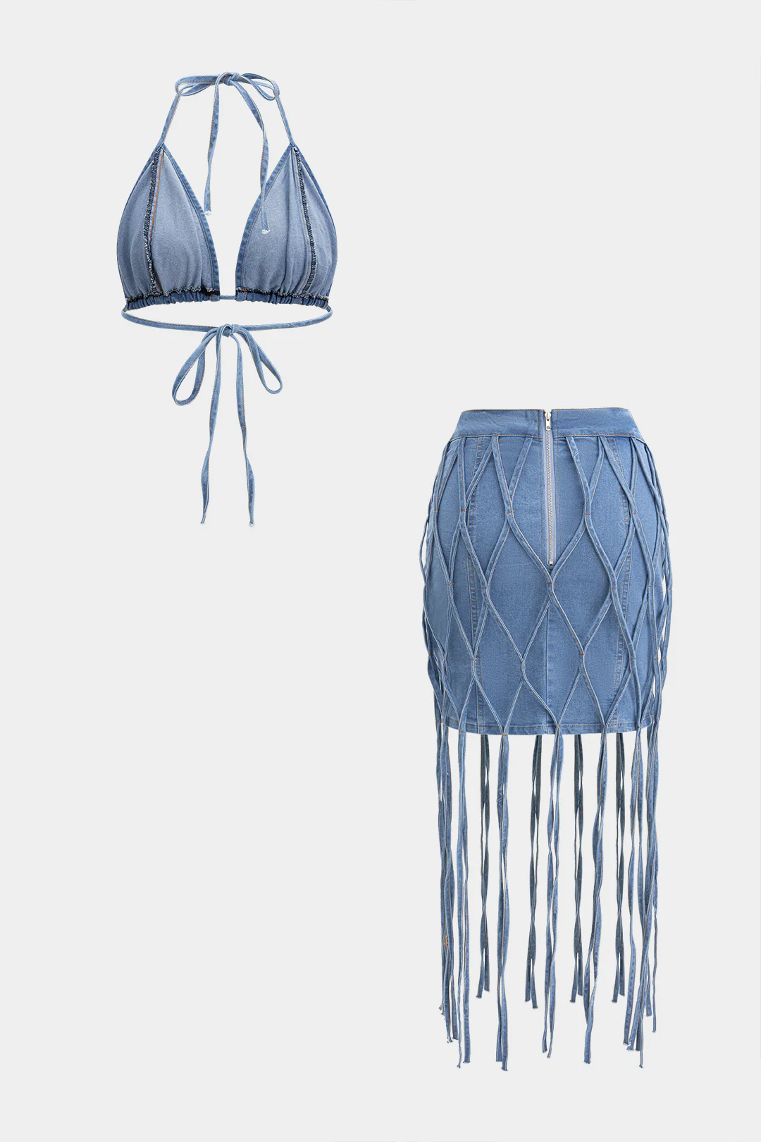 Denim Bra Top And Tie-Up Skirt Set - Weenar