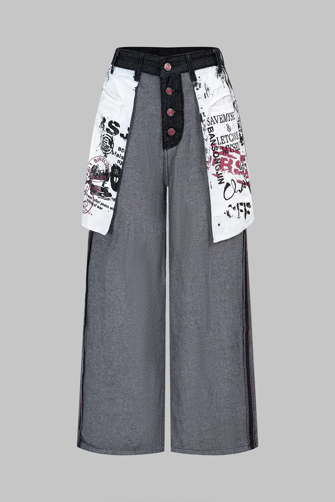 Denim Artistic Print Patchwork Button Pocket Wide Leg Jeans - Weenar