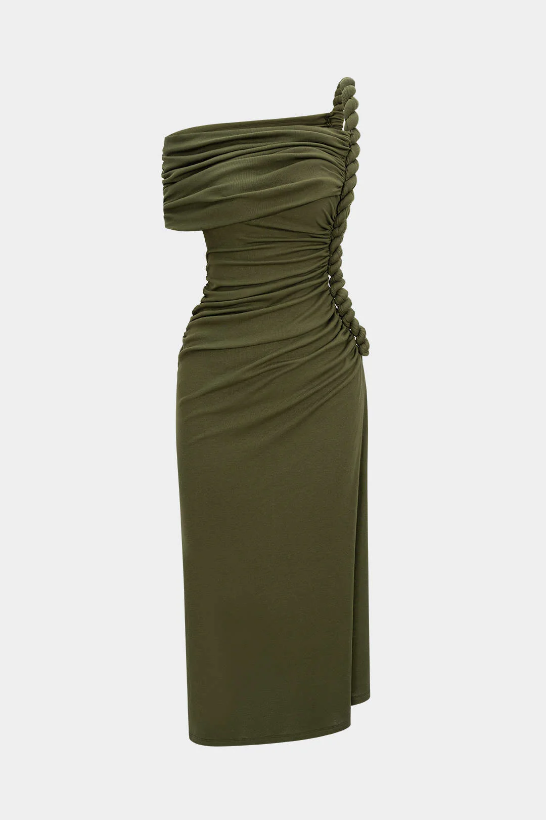 Asymmetrical Shoulder Ruched Twist Knot Sleeveless Maxi Dress - Weenar
