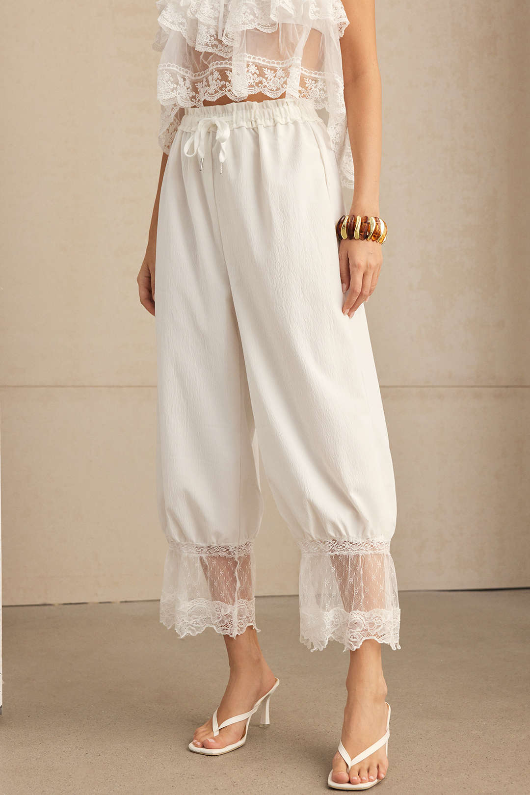 Patchwork Lace Drawstring Shirred Waistband Lantern Pants - Weenar
