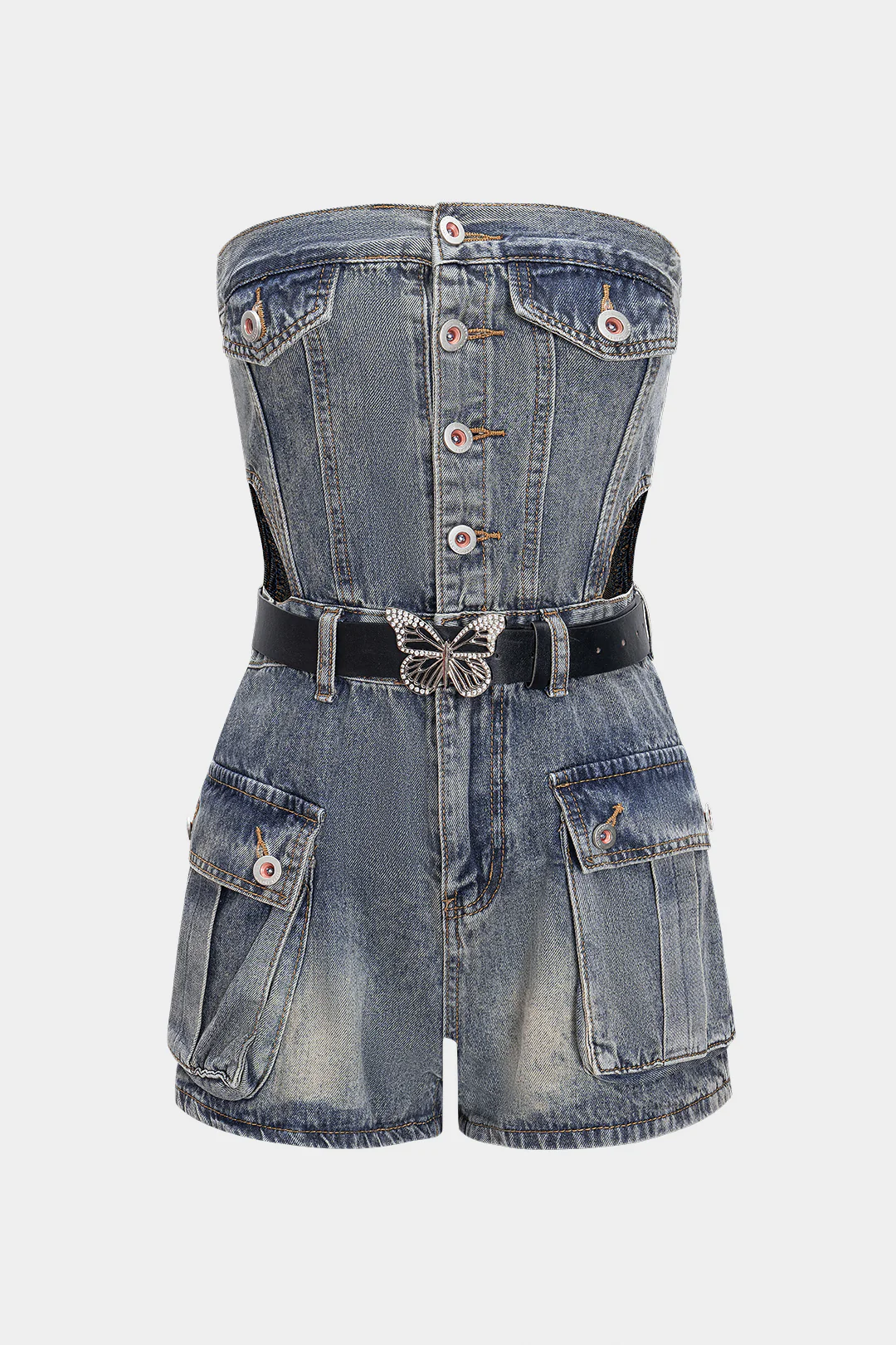 Denim Cut Out Belted Strapless Sleeveless Jumpsuit - Weenar
