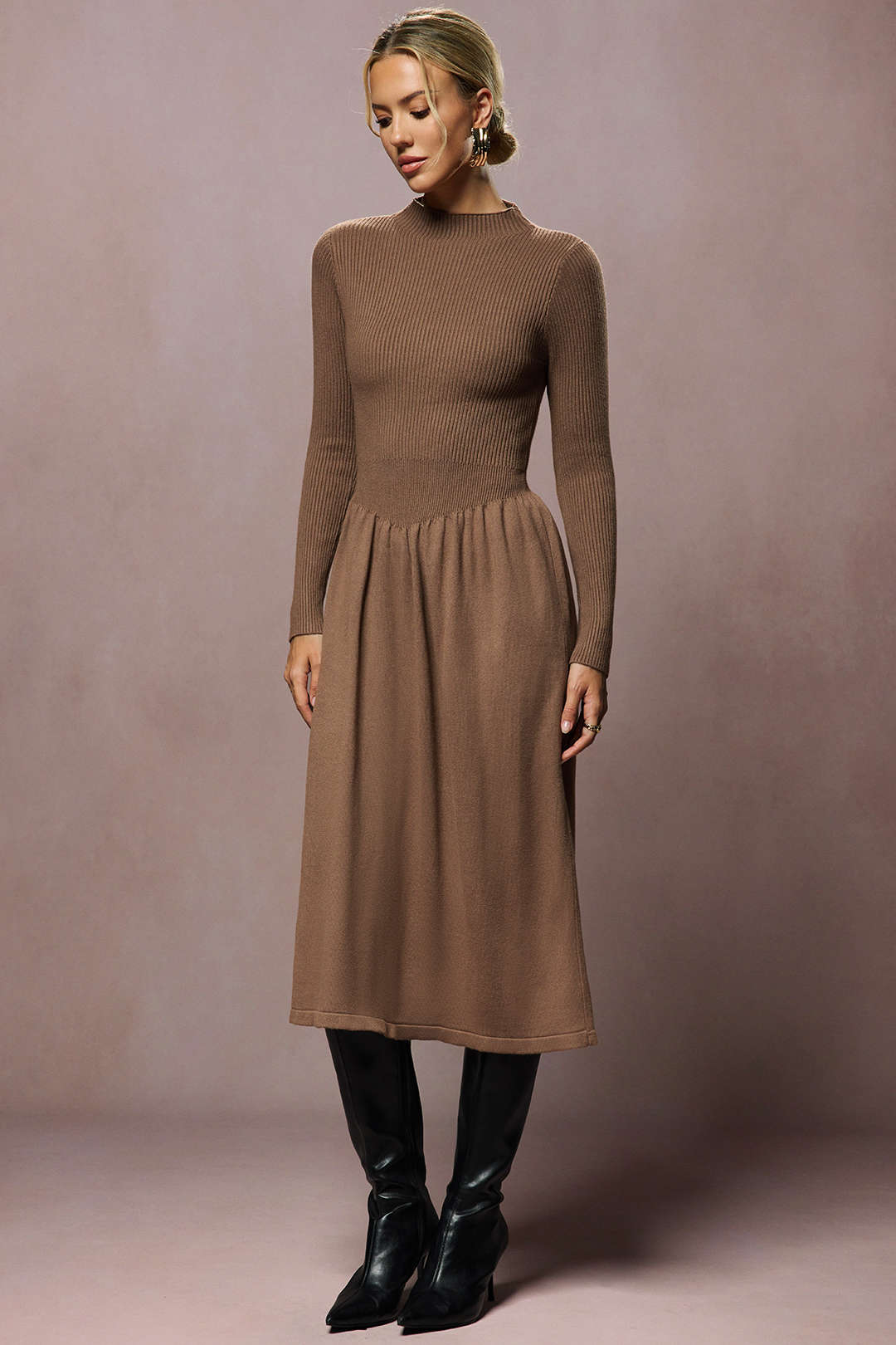 Knit Ruched High-Waisted Long Sleeve Dress - Weenar