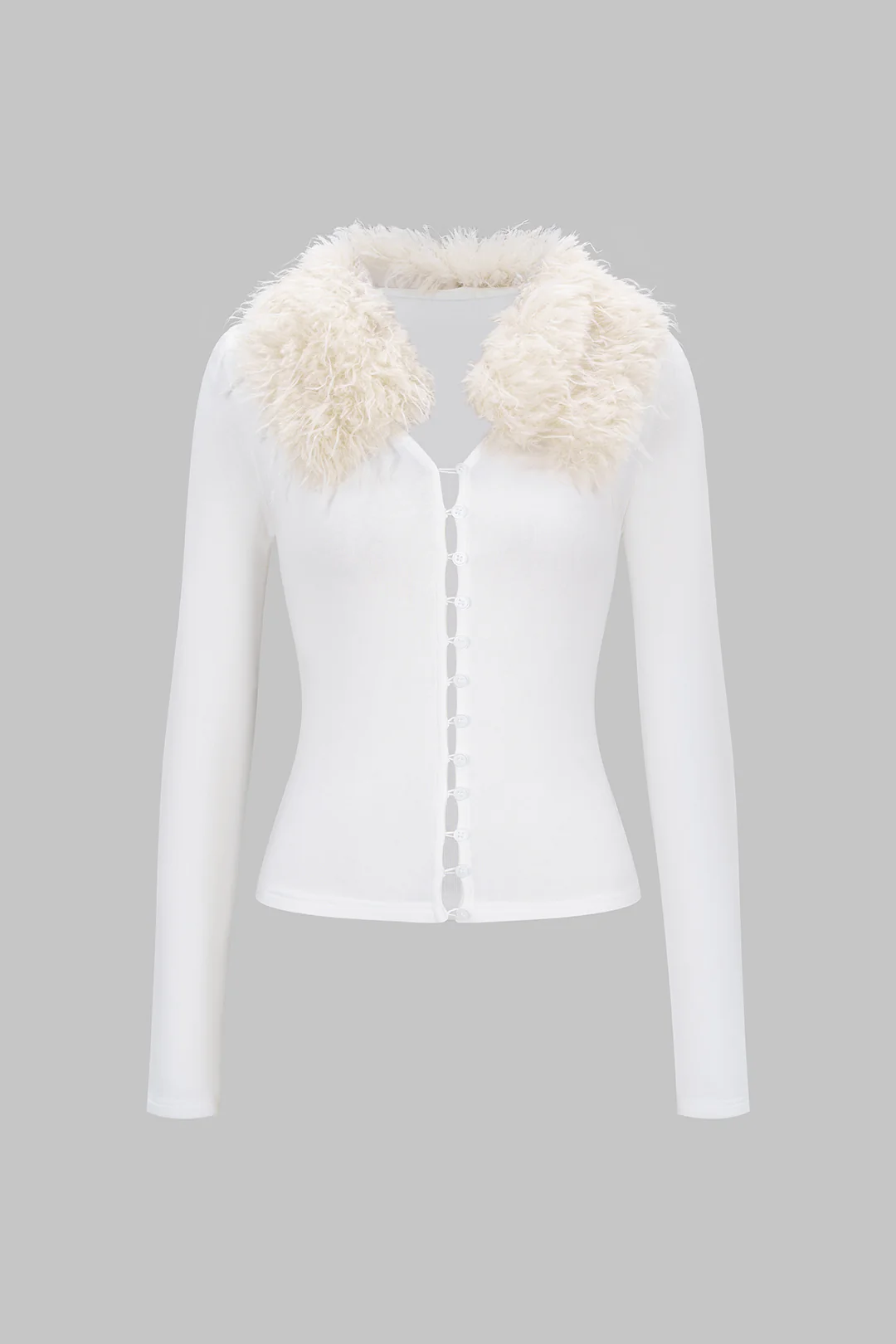 Knit Faux Fur Button Long-Sleeve Top - Weenar