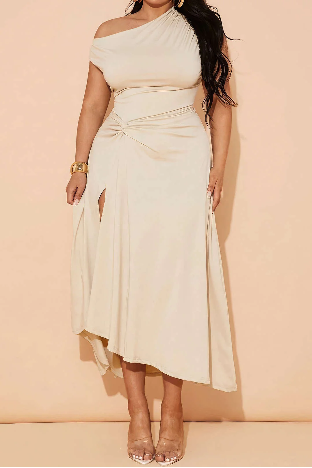 Plus Size Asymmetrical Sleeveless Ruched Midi Dress - Weenar