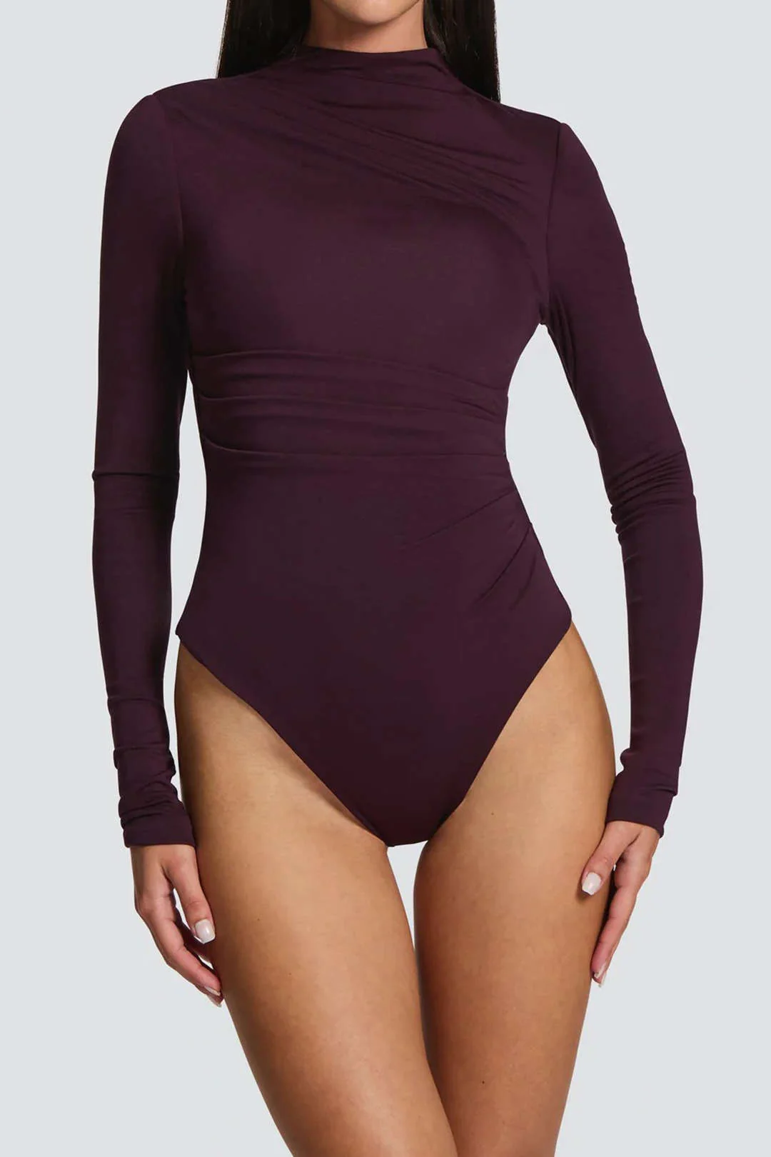 Mesh Ruched Asymmetrical Long Sleeve Bodysuit - Weenar
