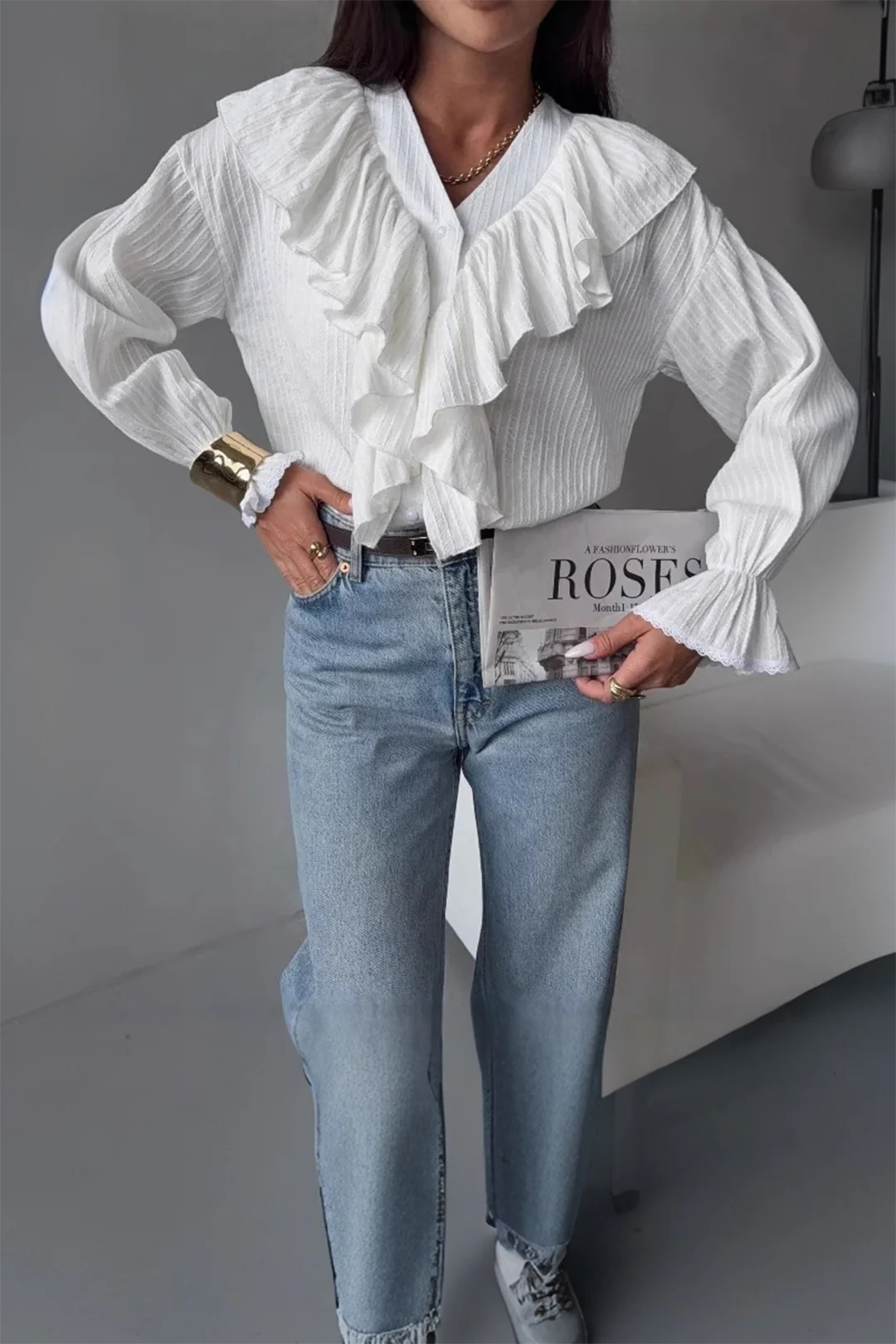 Ruffle V-Neck Long-Sleeve Shirt - Weenar