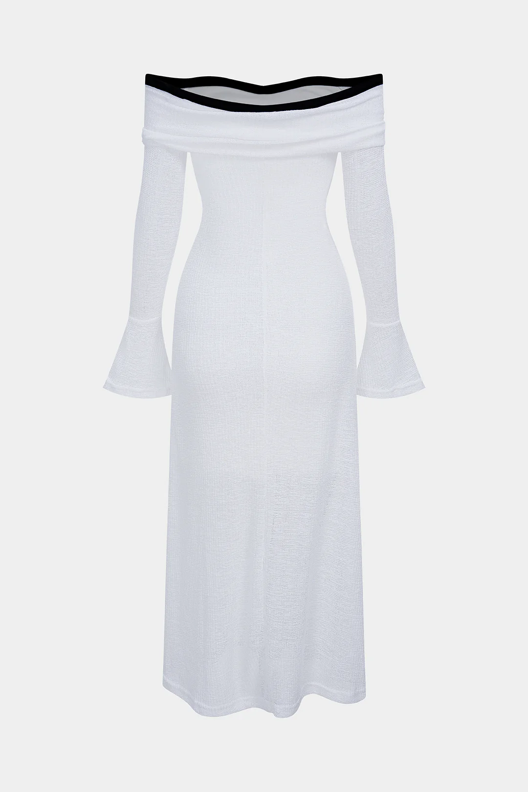 Knit Contrast Binding Off Shoulder Tie-Up Long Sleeve Dress - Weenar
