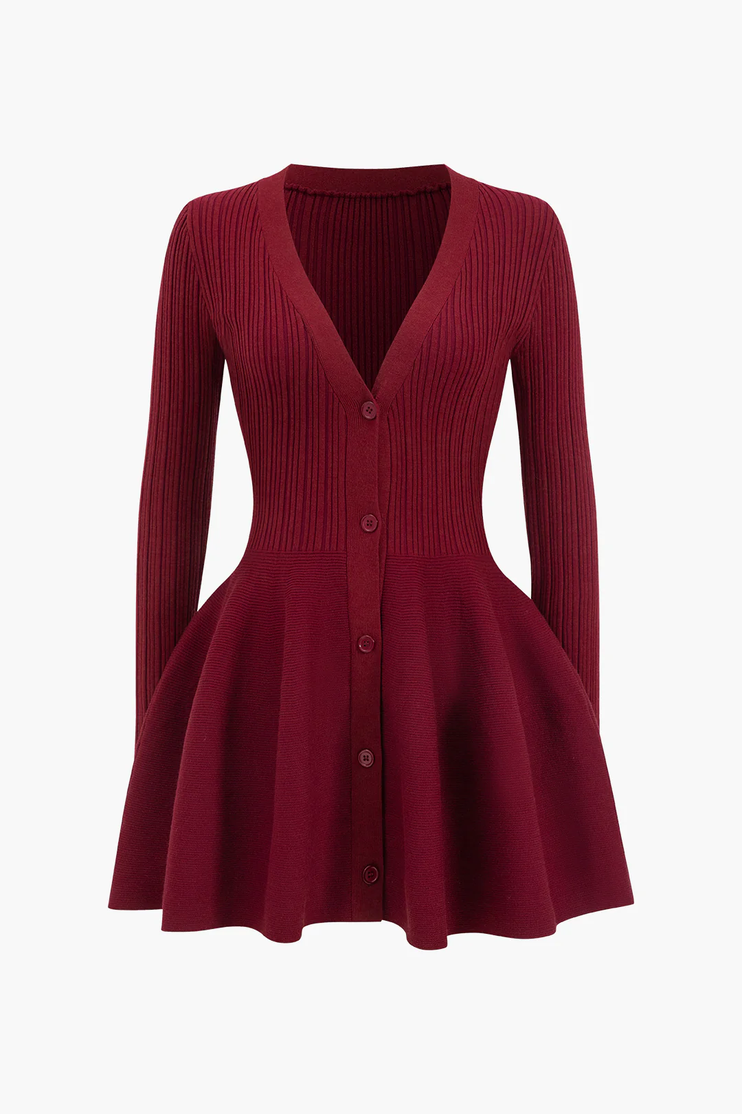Knit Puff Hem Long Sleeve V-neck Dress - Weenar