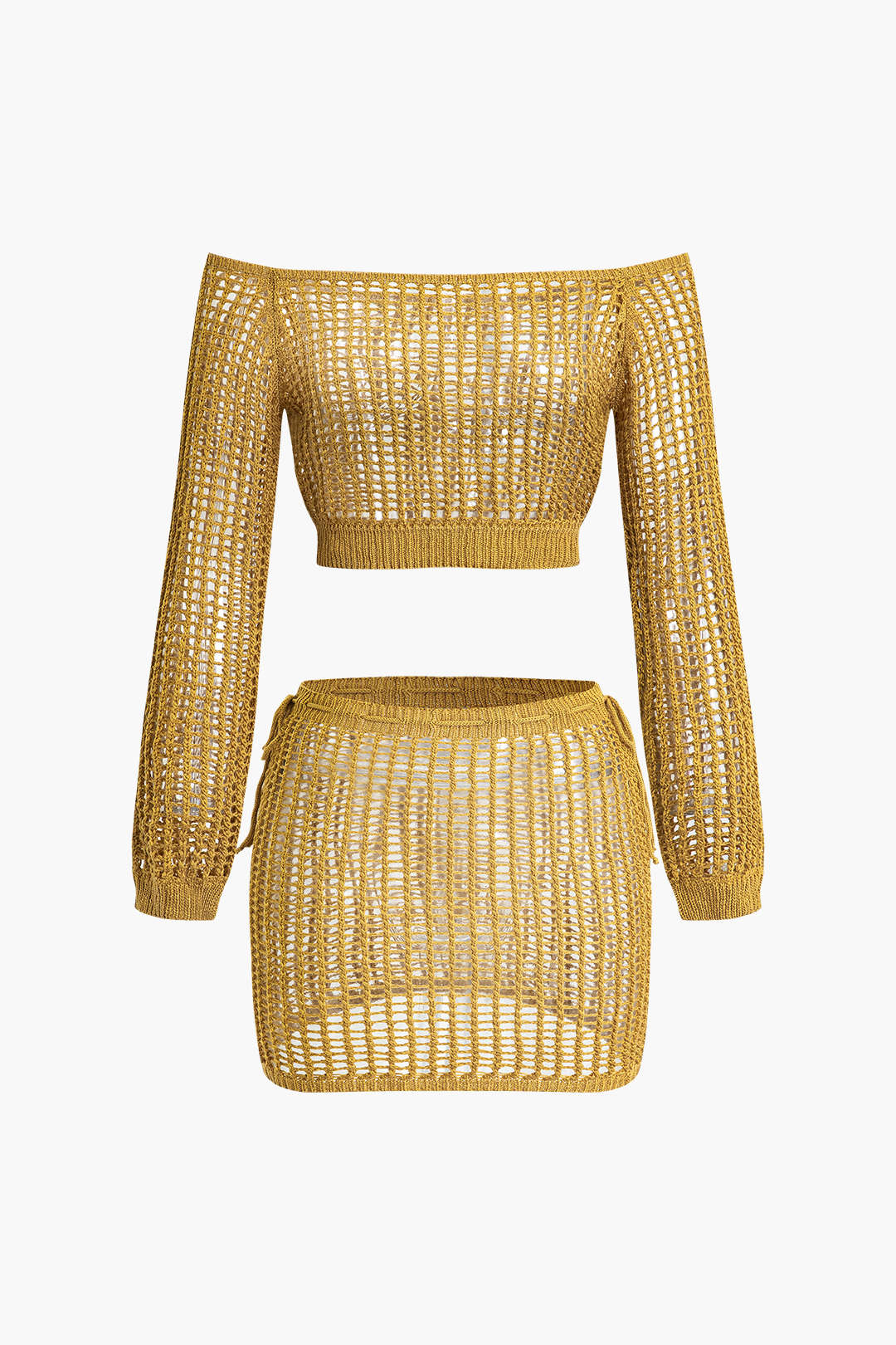 Knit Cut Out Off Shoulder Long Sleeve Top And Mini Skirt Set - Weenar