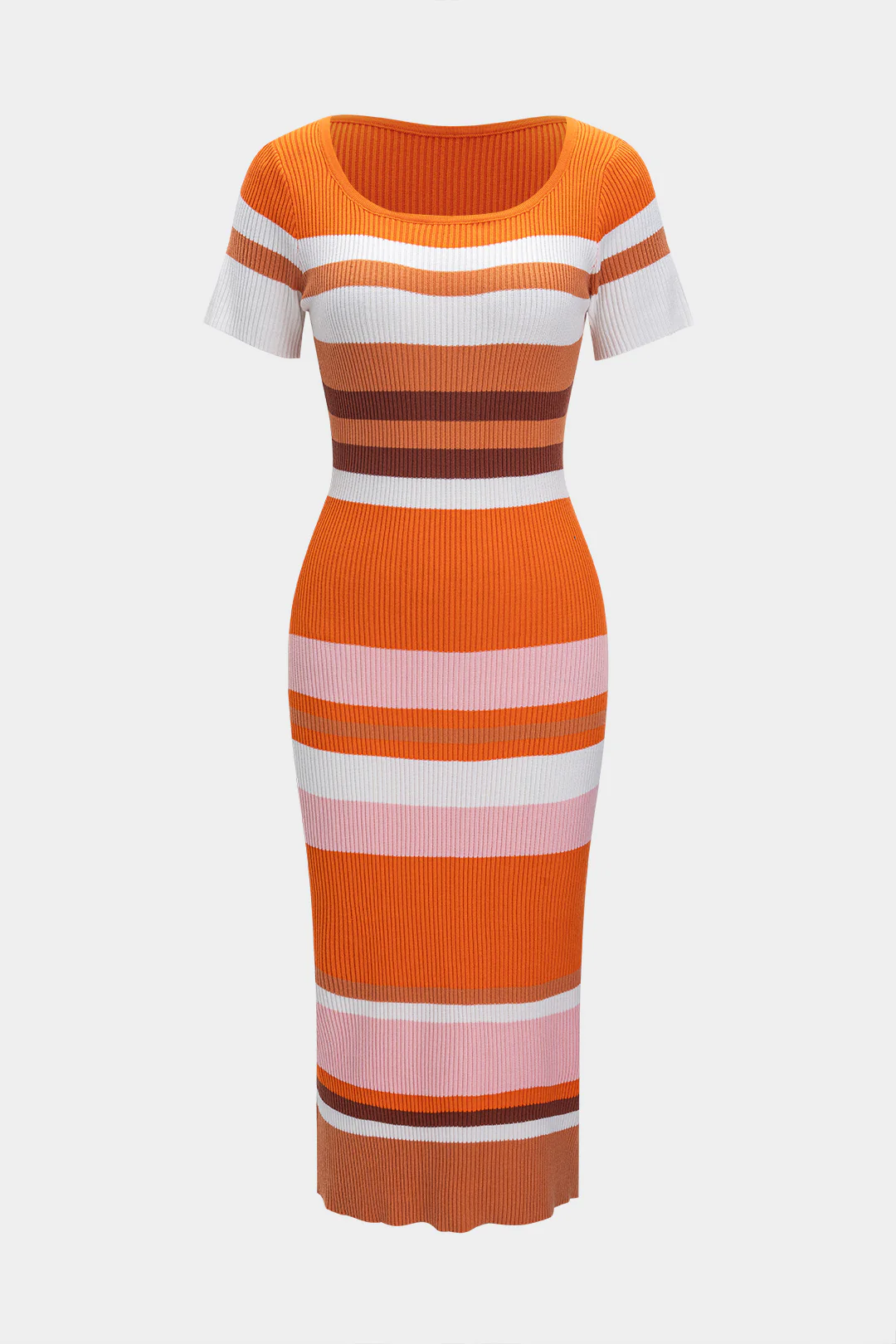 Knit Striped Round Neck Short Sleeve Dress - Weenar