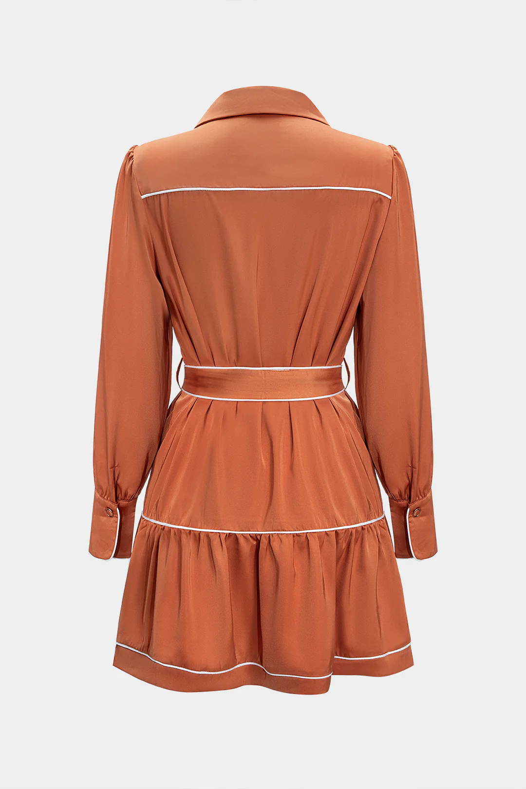 Satin Contrast Binding Tie-Front Long Sleeve Mini Dress - Weenar