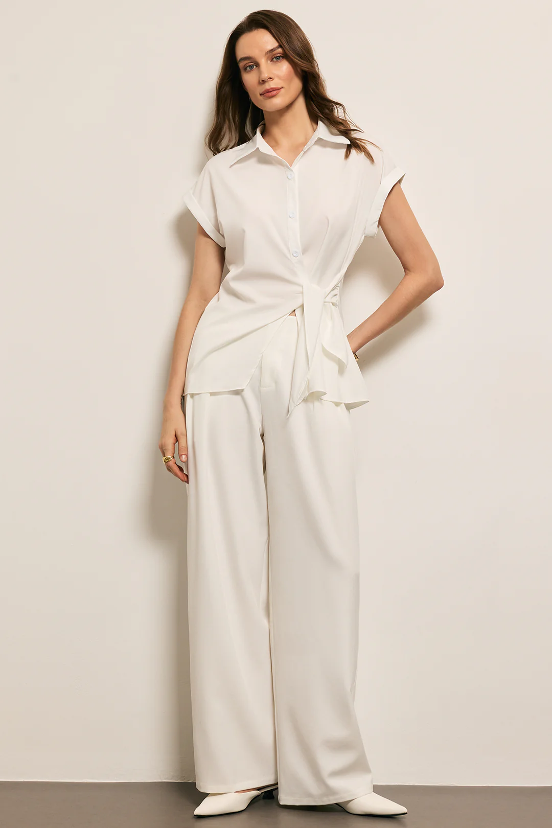 Asymmetrical Tie Front Long-Sleeve Shirt And Pants Set - Weenar