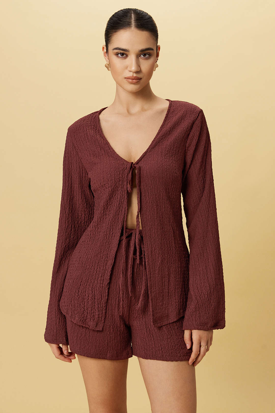 Tie-Up Ribbed Long-Sleeve Top And Shorts Set - Weenar