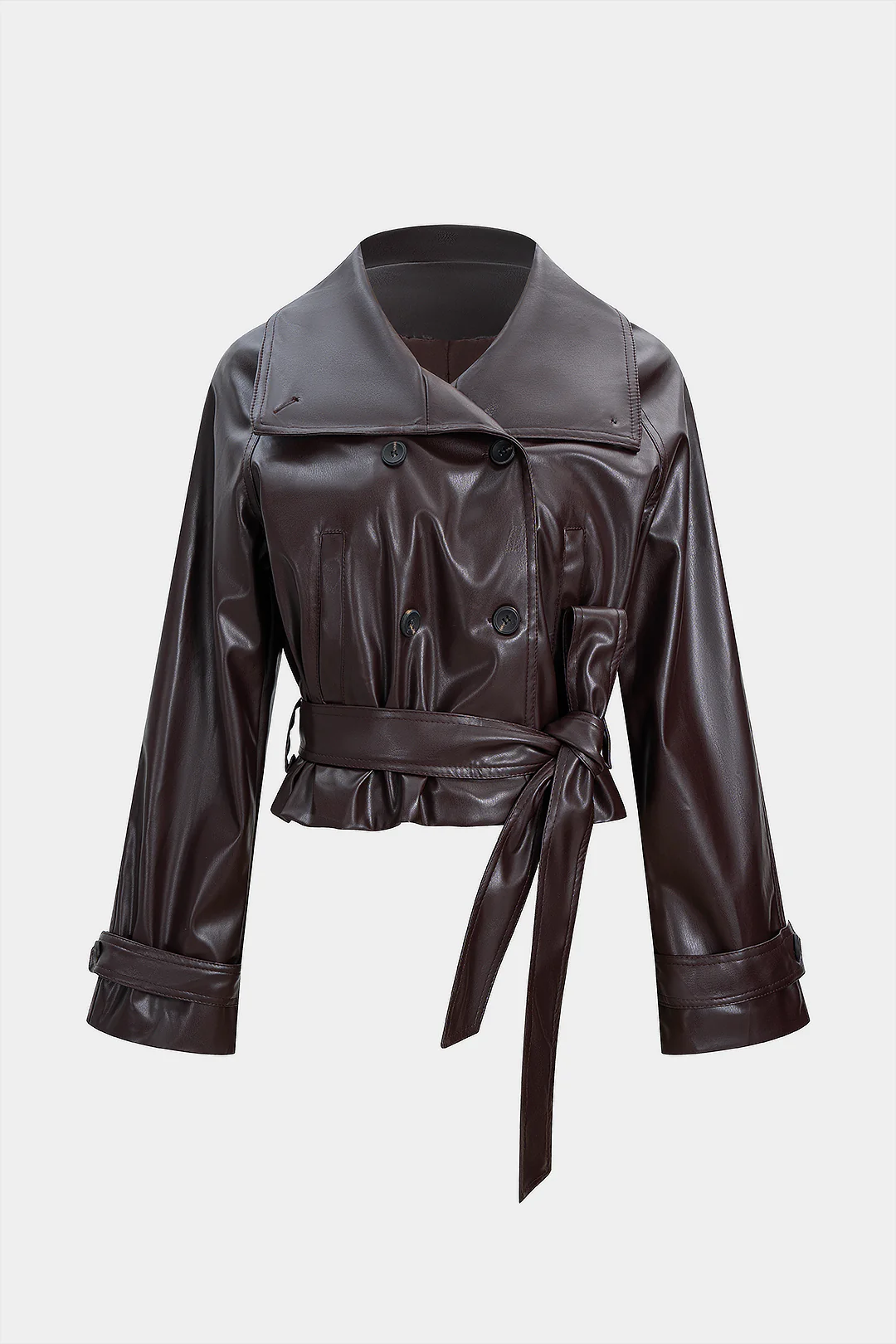 Faux Leather Tie-Up Notched Lapel Jacket - Weenar