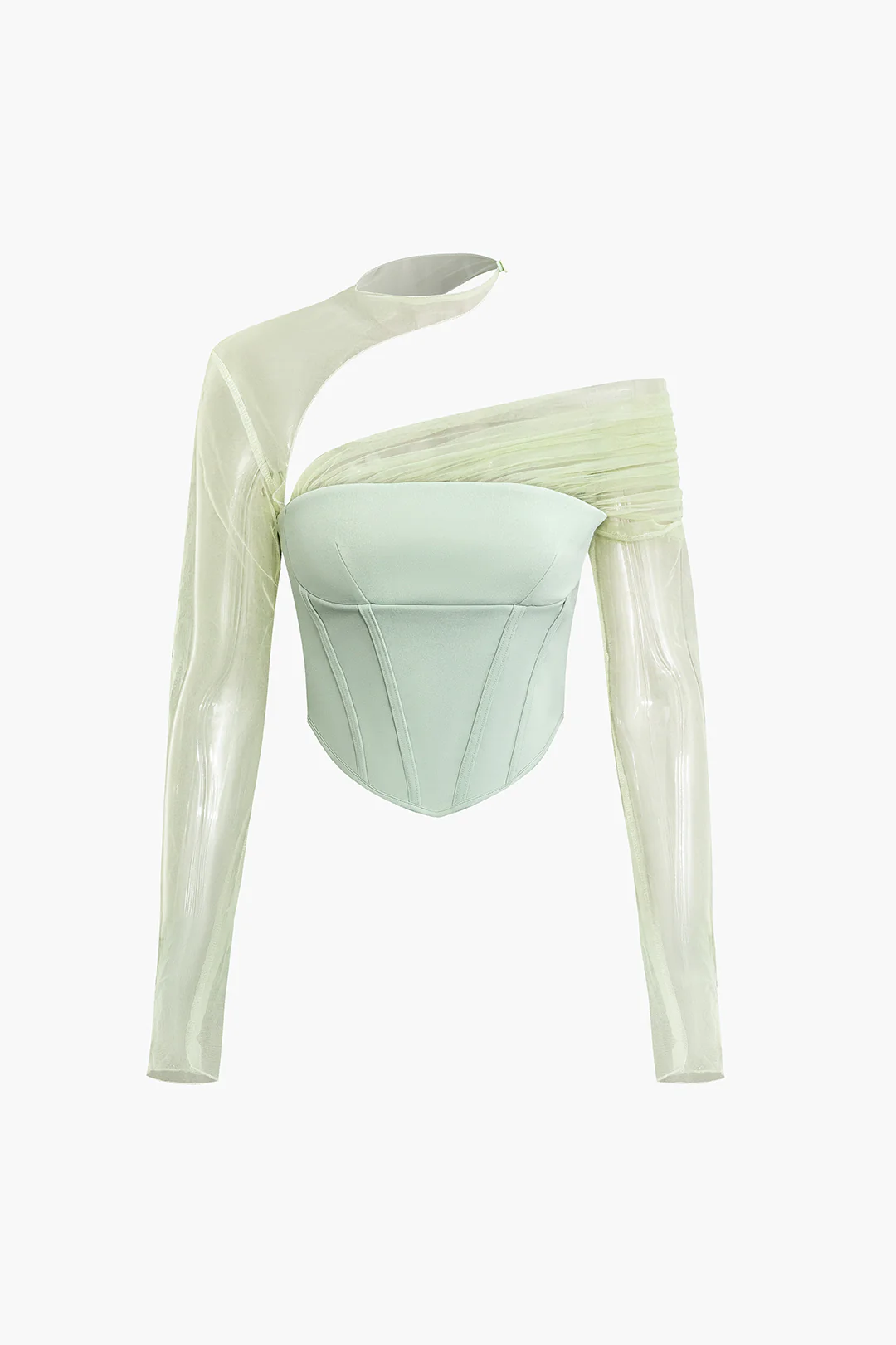 Mesh Ruched Asymmetrical Zipper Long-Sleeve Top - Weenar