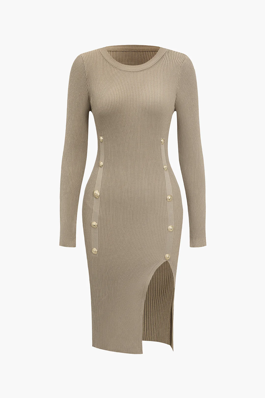 Knit Button Slit Long Sleeve Dress - Weenar