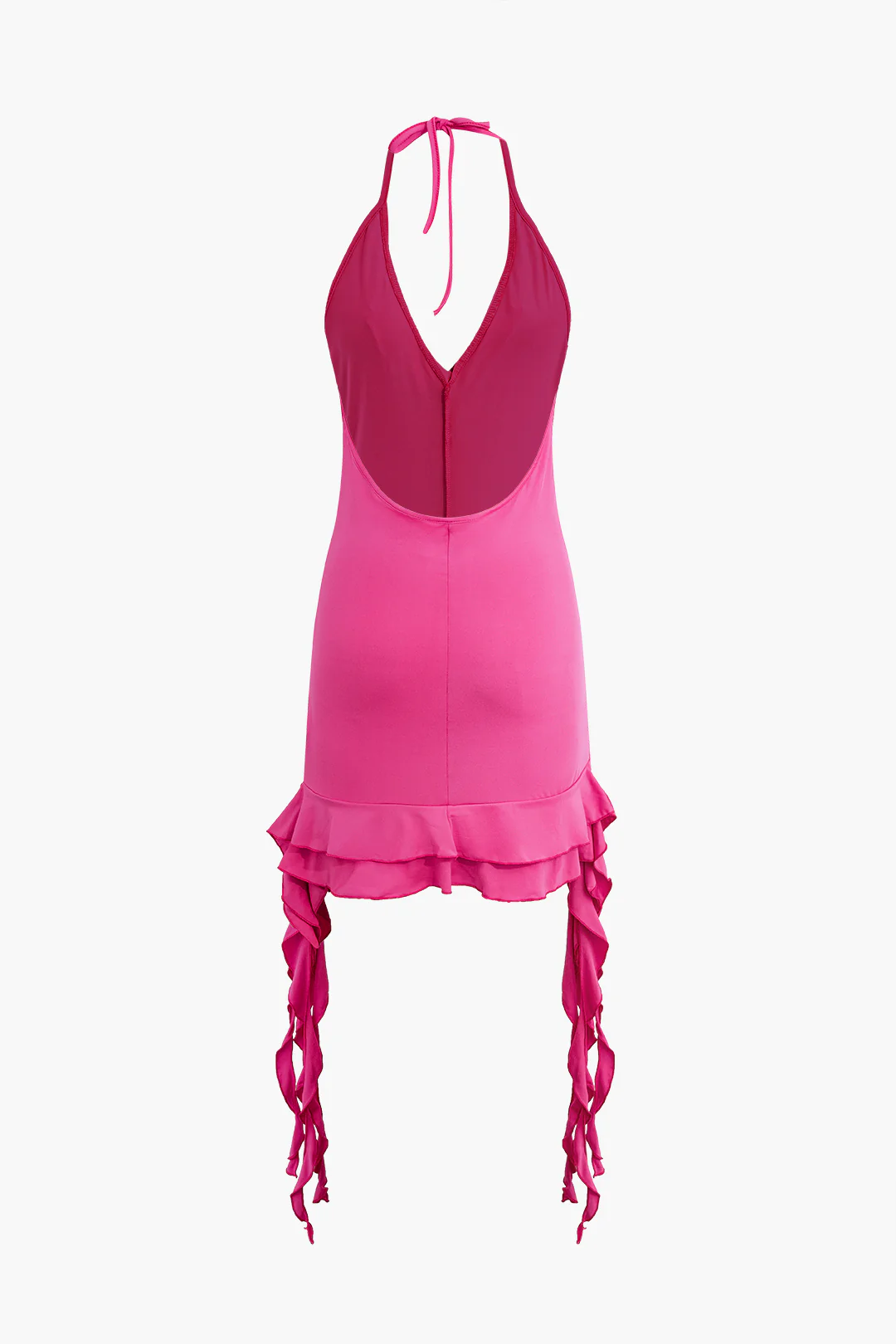 Halter Neck Backless Tie Up Asymmetrical Ruffle Sleeveless Mini Dress - Weenar
