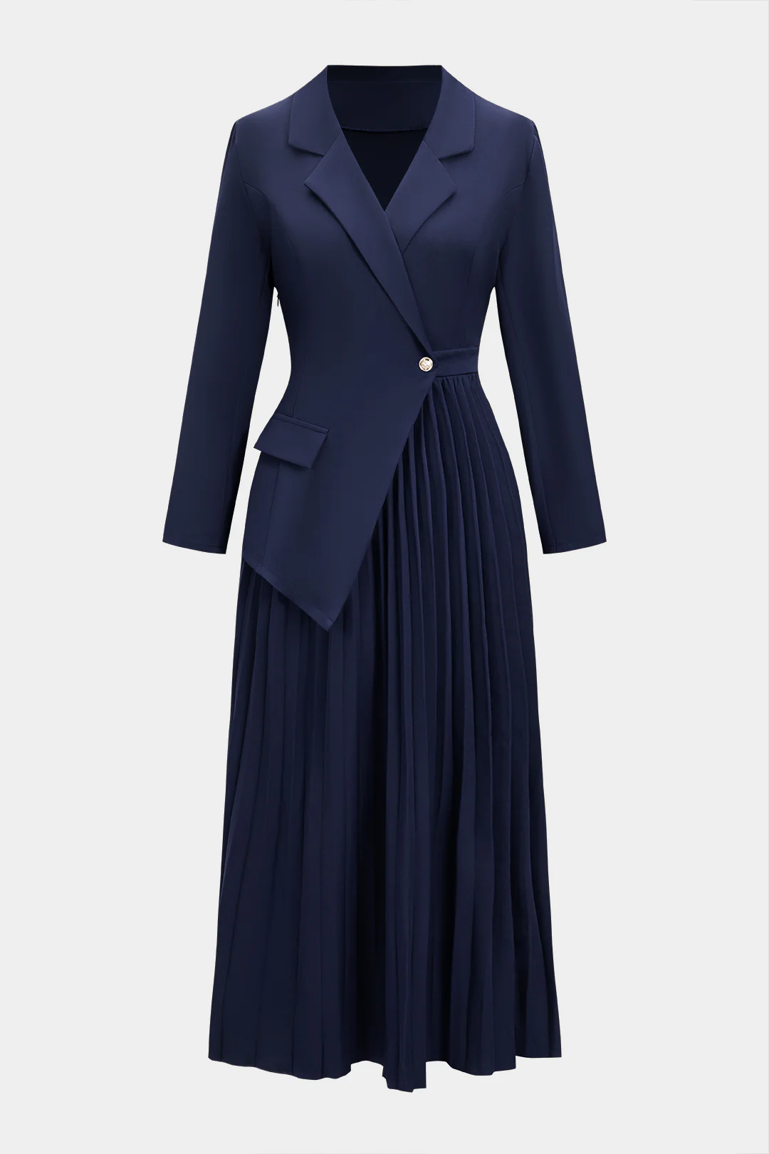 Notched Lapel Pleated Asymmetrical Long-Sleeve Maxi Dress - Weenar