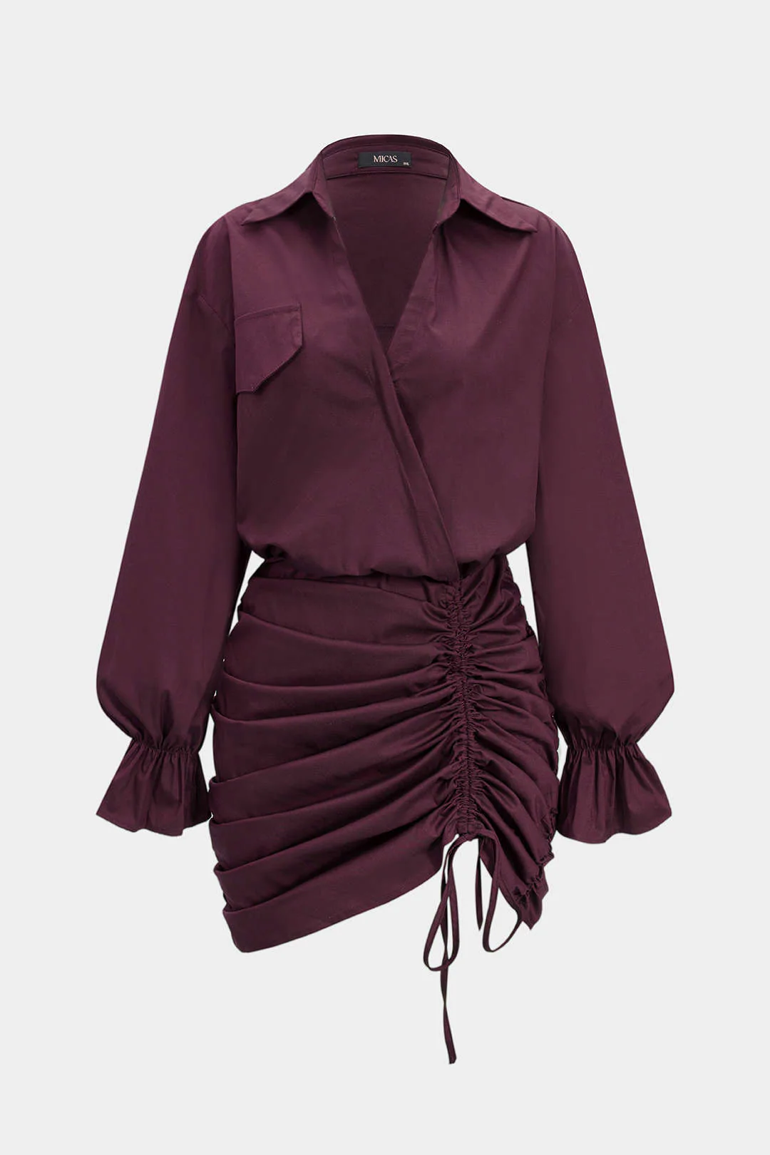 Ruched V-Neck Drawstring Ruffle Long Sleeve Mini Dress - Weenar
