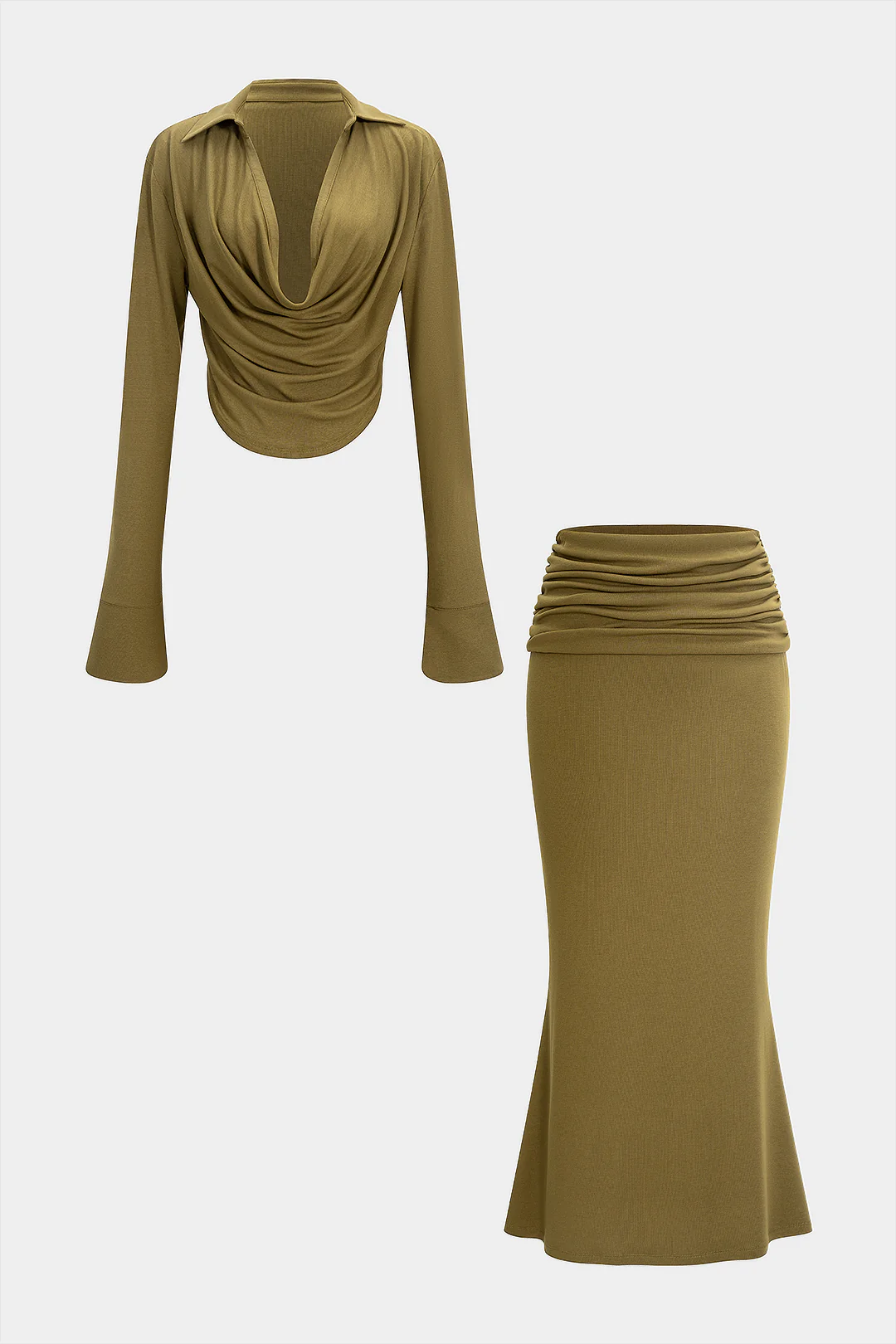 Draped Cowl Neck Long-Sleeve Top And Ruched Skirt Set - Weenar