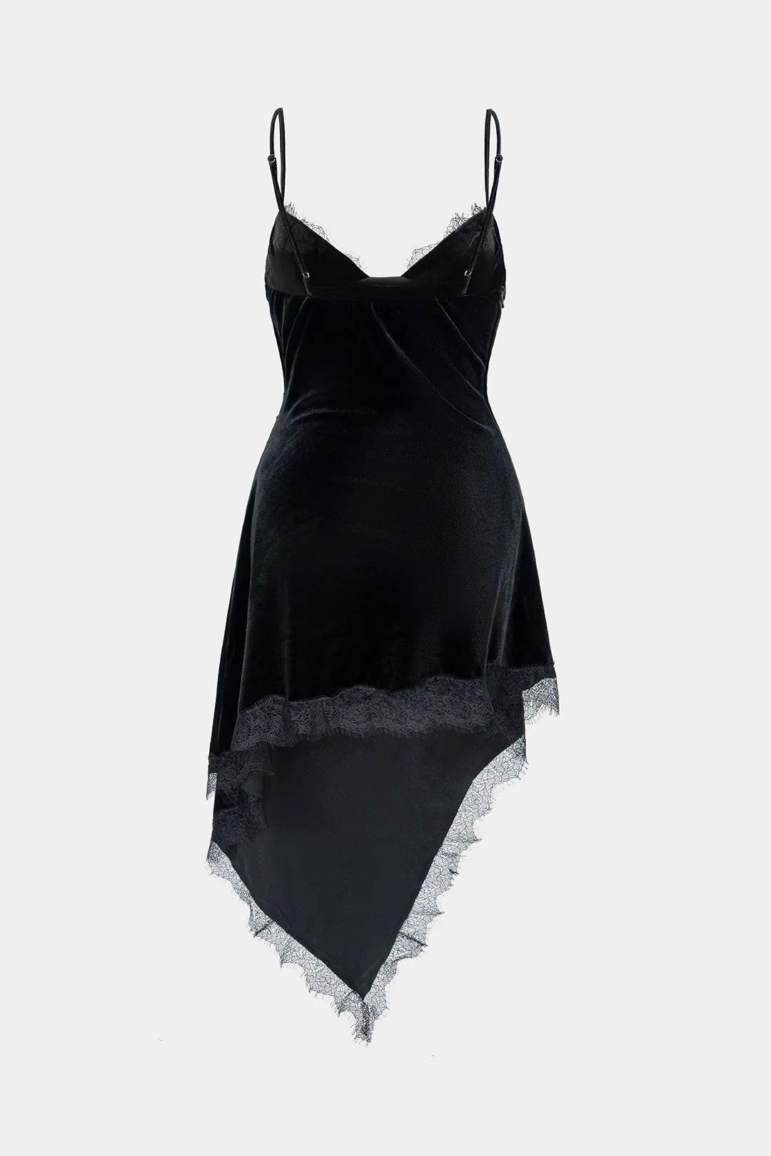 Velvet Patchwork Lace Trim Ruched Asymmetrical Sleeveless Mini Dress - Weenar