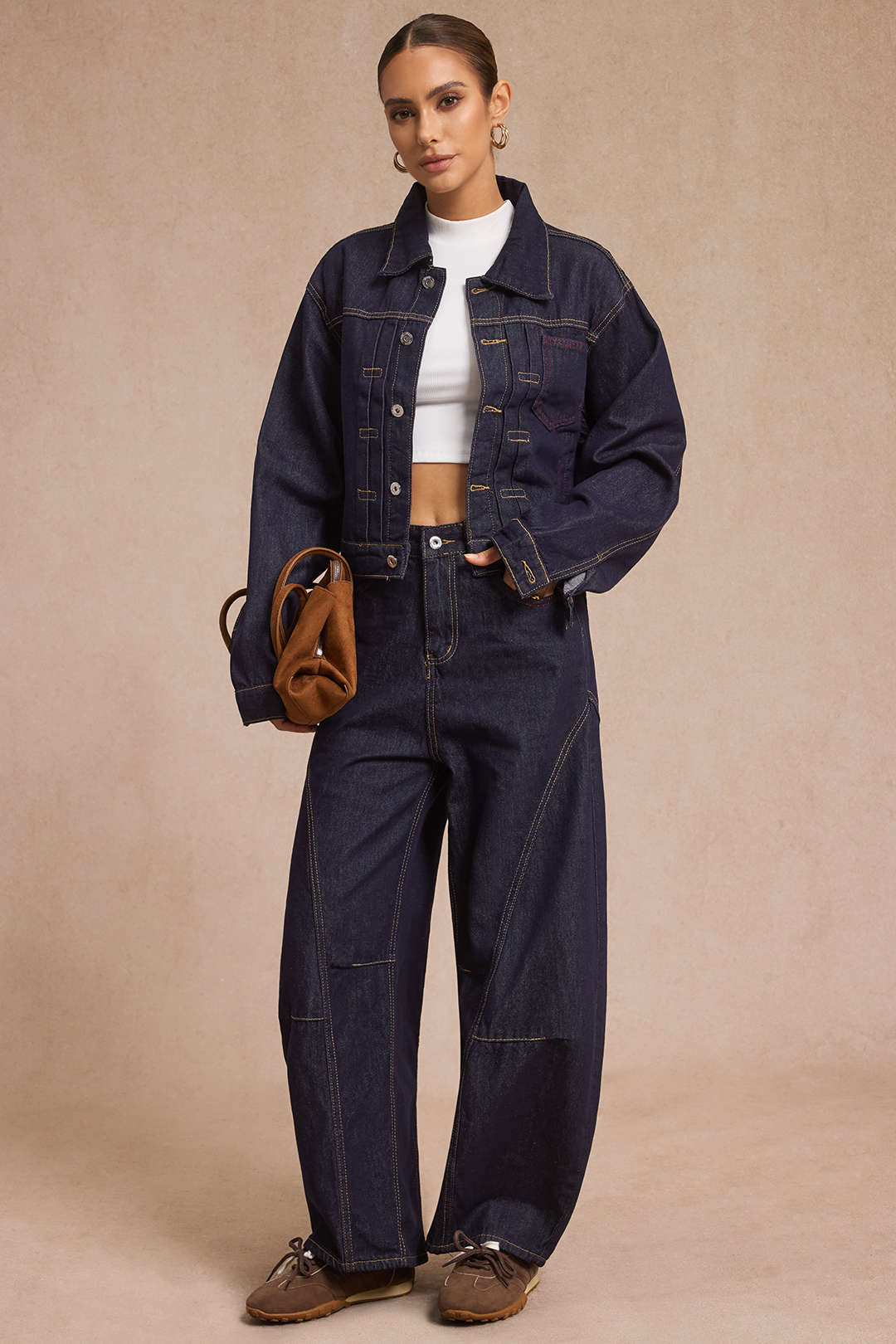 Denim Cropped Jacket And Barrel Jeans Set - Weenar