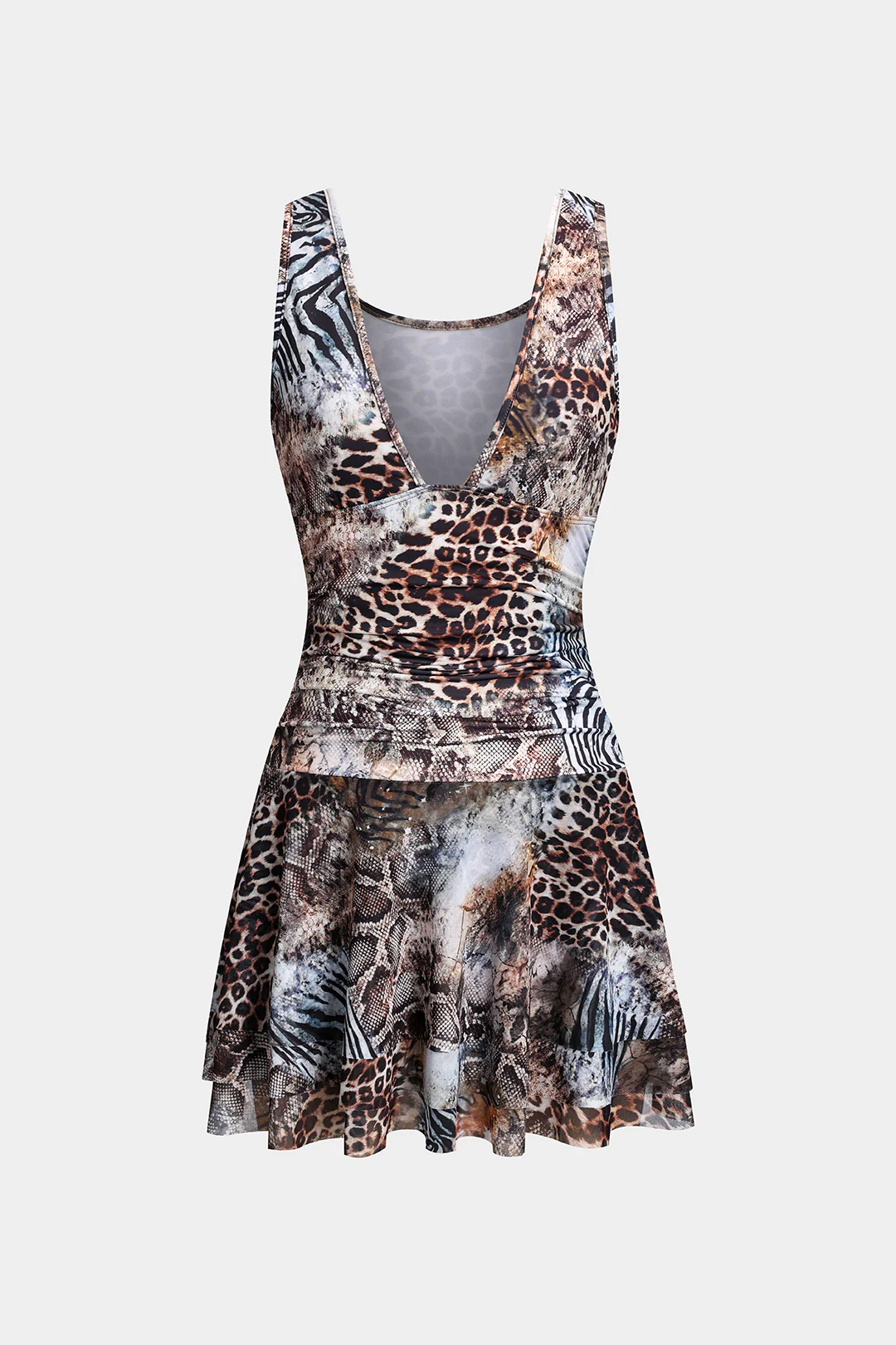 Mesh Leopard Print V-Neck Ruched Sleeveless Mini Dress - Weenar