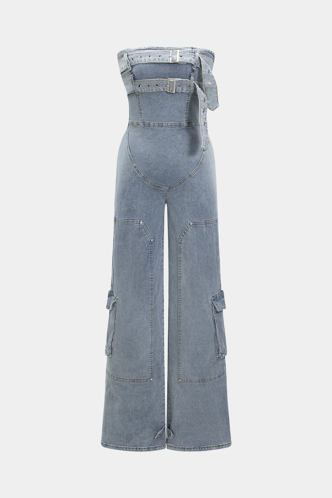 Denim Belted High Waist Strapless Sleeveless Jumpsuit - Weenar