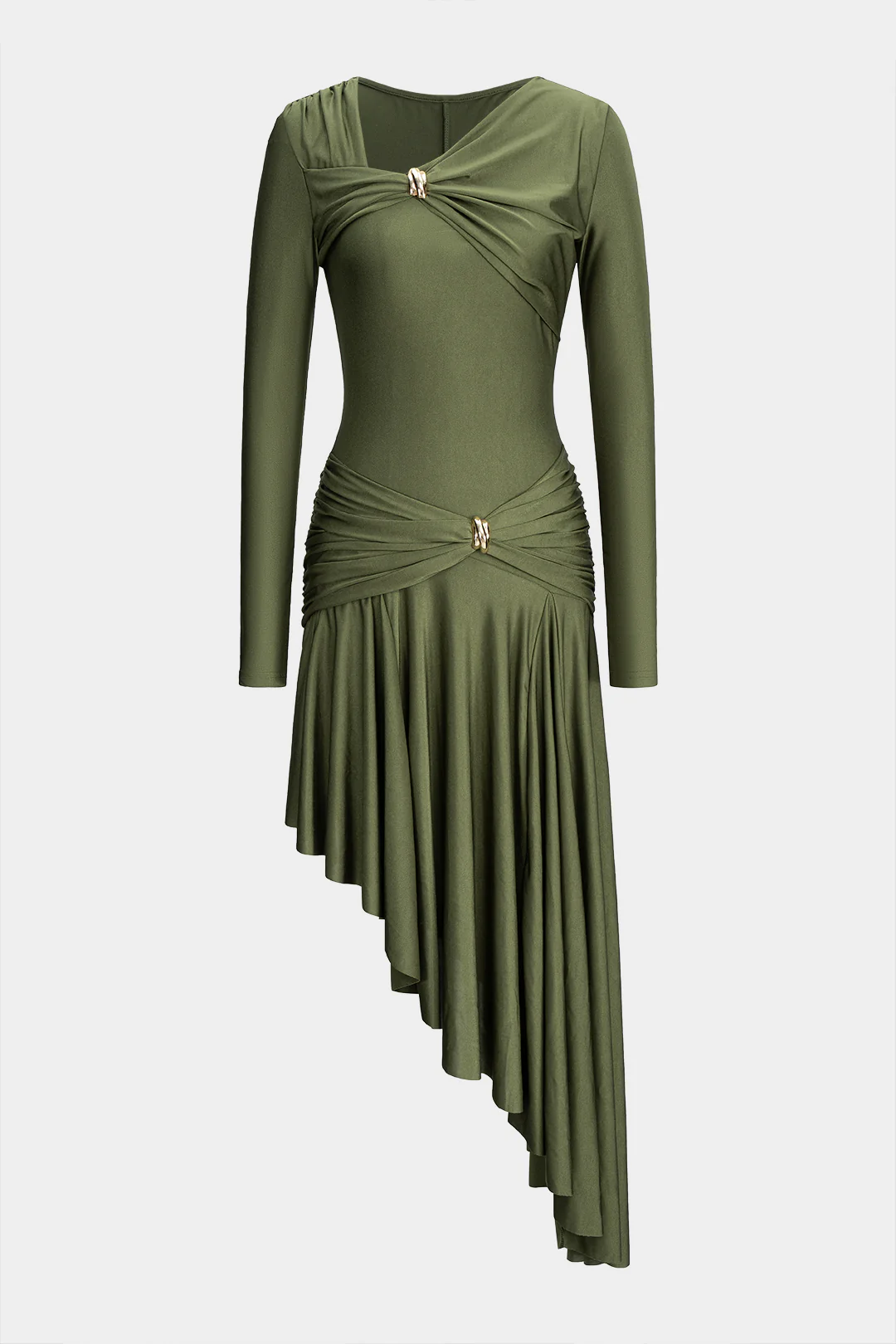 Metallic Ruched Asymmetrical Irregular Hem Long Sleeve Midi Dress - Weenar