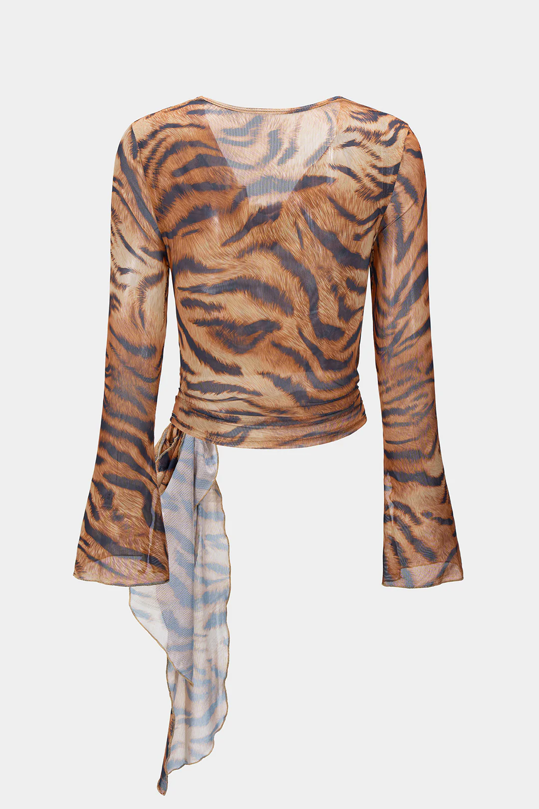 Leopard Print Draped Cowl Neck Tie Front Long-Sleeve Top - Weenar
