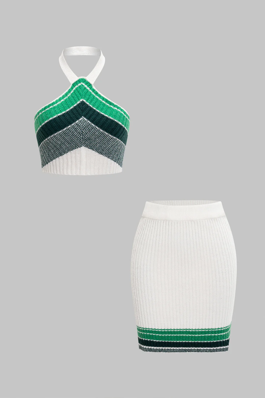 Knit Color-Block Halter Neck Cami Top And Mini Skirt Set - Weenar