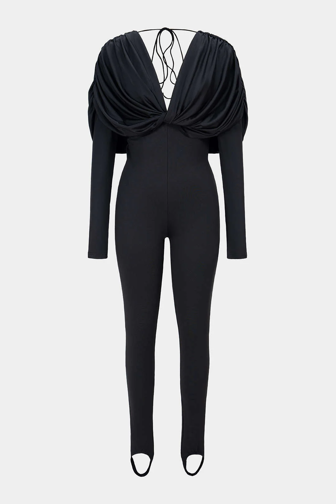 Twist Knot V-Neck Ruched Long Sleeve Jumpsuit - Weenar