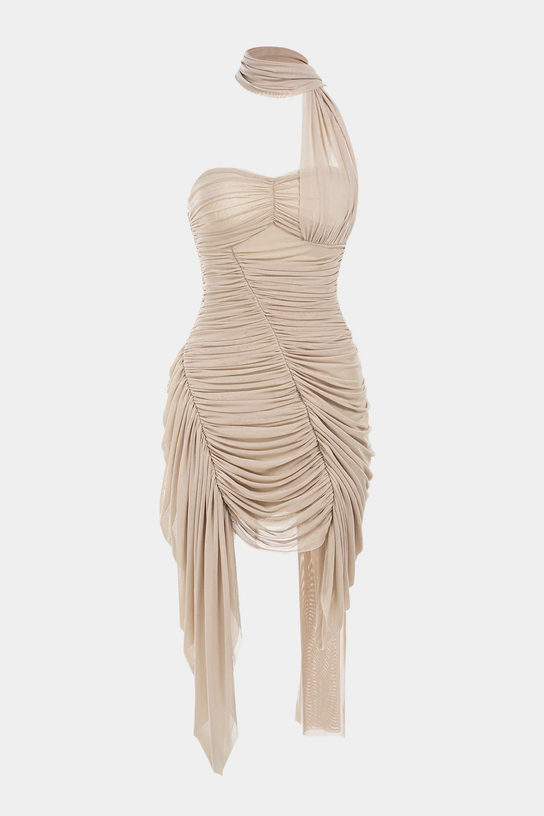 Mesh Patchwork Asymmetrical Ruched Backless Ruched Sleeveless Mini Dress With Scarf - Weenar