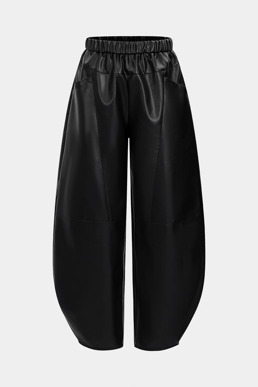 Faux Leather Shirred Waistband High Waist Trousers - Weenar