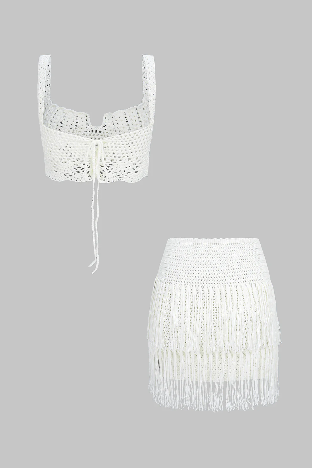Knit Hollow Out Tie-Back Cami Top And Fringe Skirt Set - Weenar